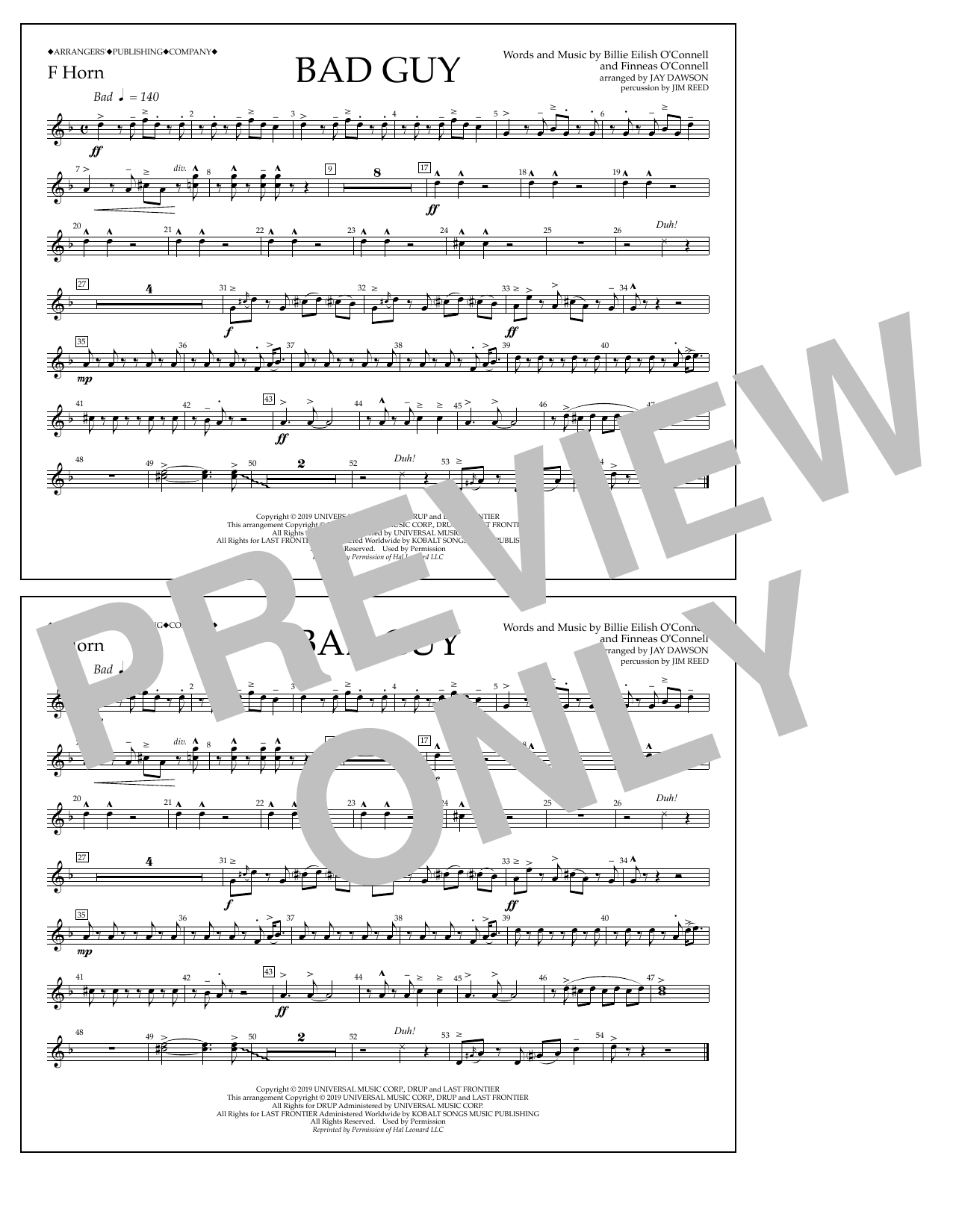 Billie Eilish Bad Guy (arr. Jay Dawson) - F Horn sheet music notes and chords arranged for Marching Band