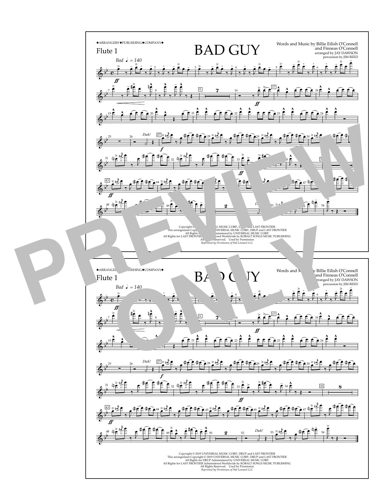 Billie Eilish Bad Guy (arr. Jay Dawson) - Flute 1 sheet music notes and chords arranged for Marching Band