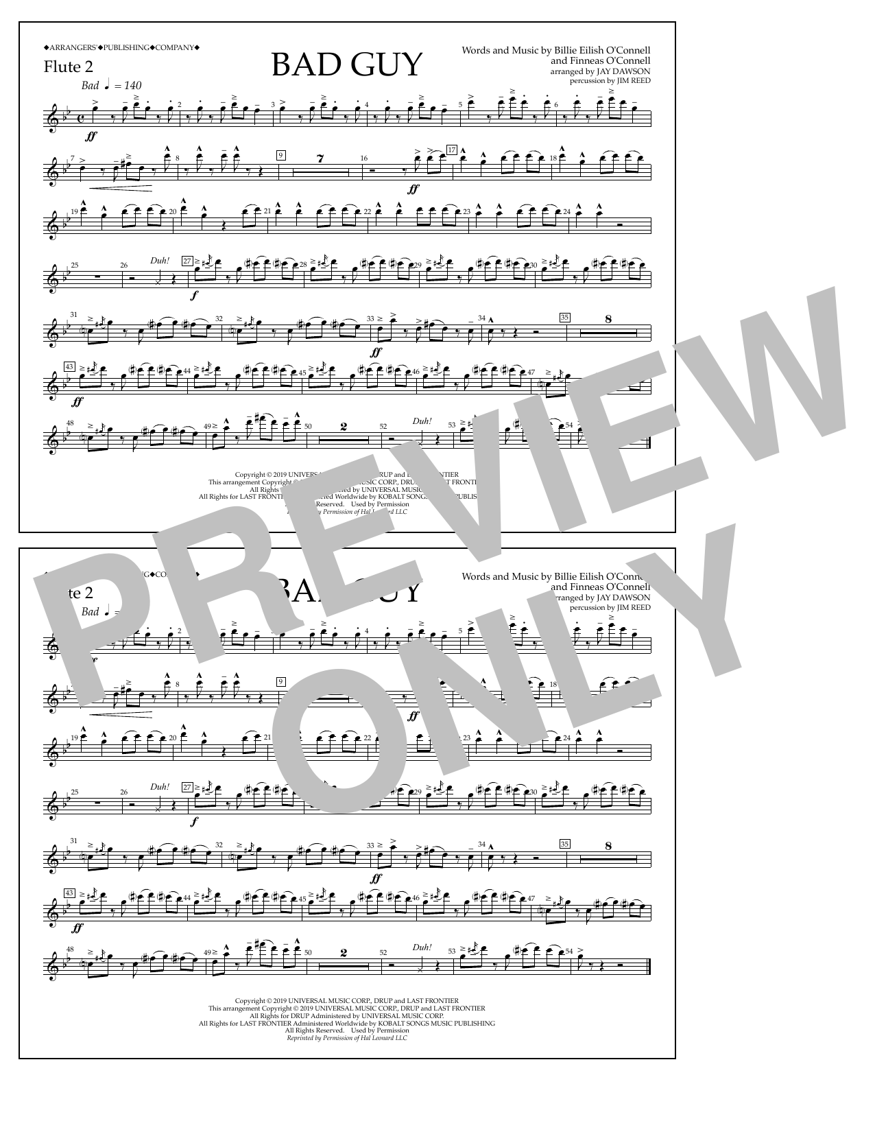Billie Eilish Bad Guy (arr. Jay Dawson) - Flute 2 sheet music notes and chords arranged for Marching Band