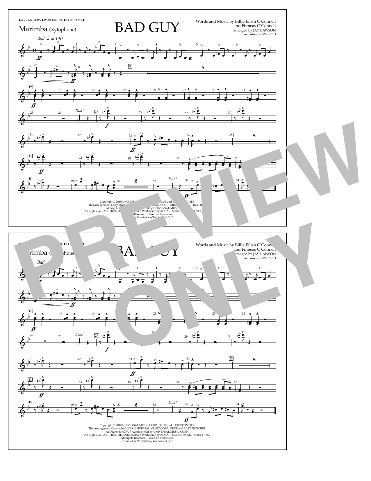 Billie Eilish Bad Guy (arr. Jay Dawson) - Marimba sheet music notes and chords arranged for Marching Band