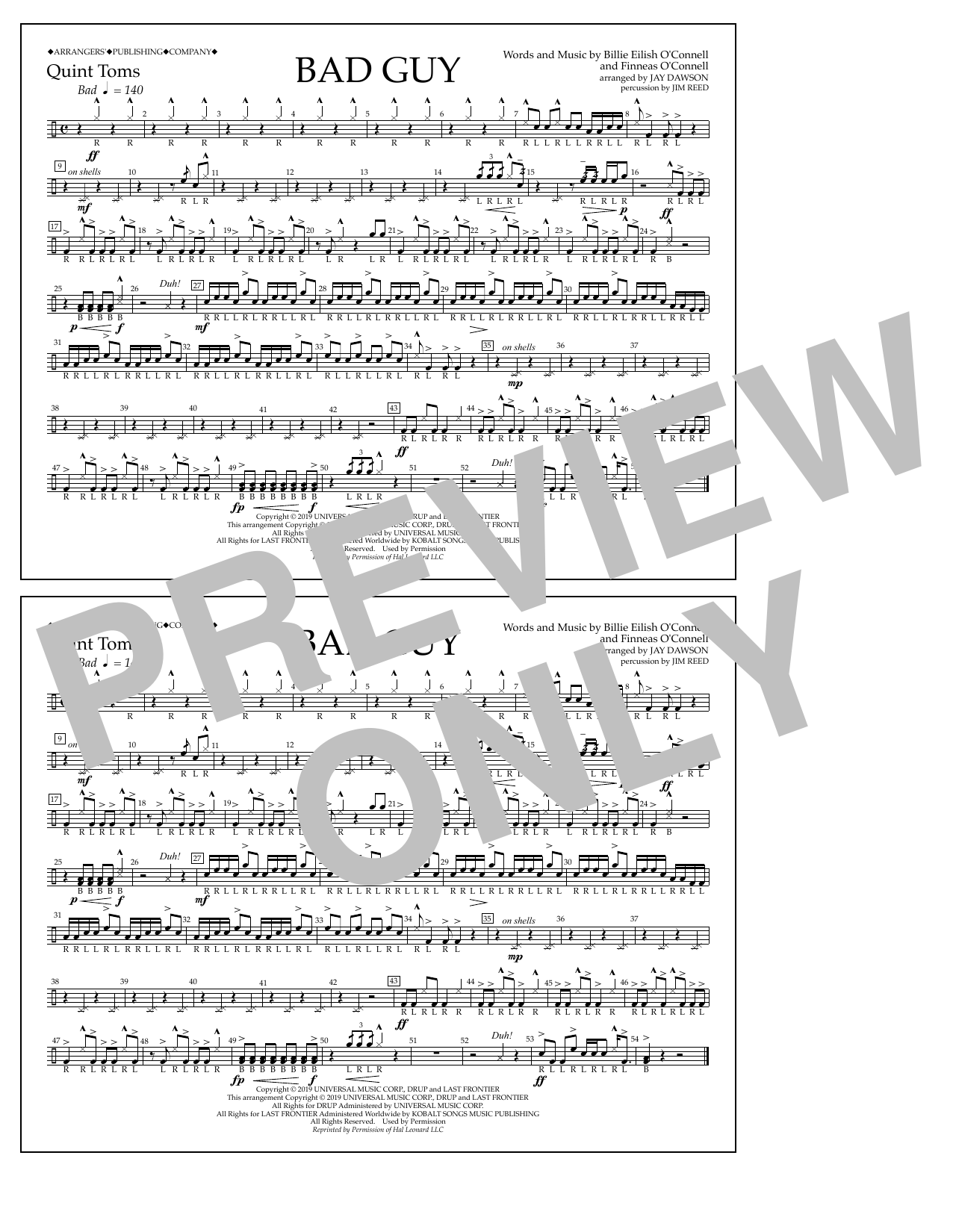 Billie Eilish Bad Guy (arr. Jay Dawson) - Quint-Toms sheet music notes and chords arranged for Marching Band