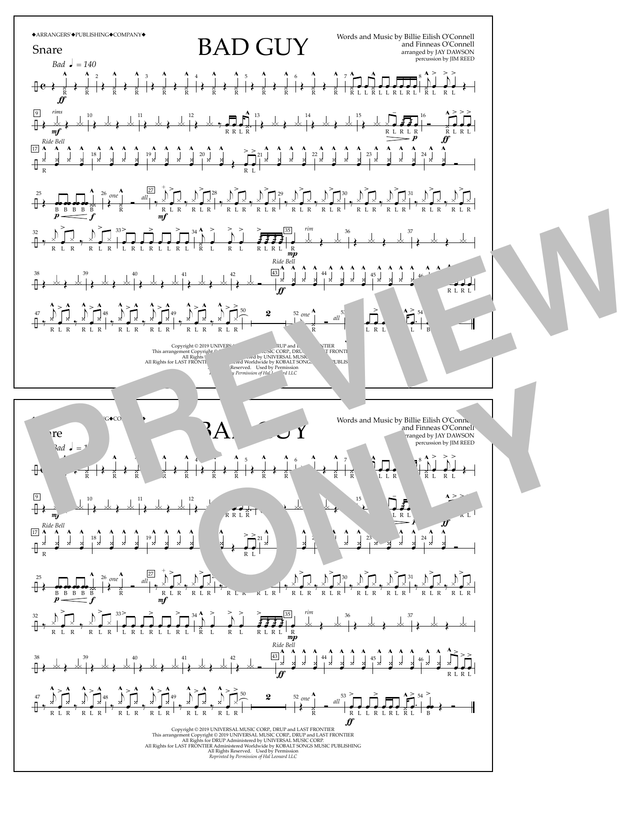 Billie Eilish Bad Guy (arr. Jay Dawson) - Snare sheet music notes and chords arranged for Marching Band