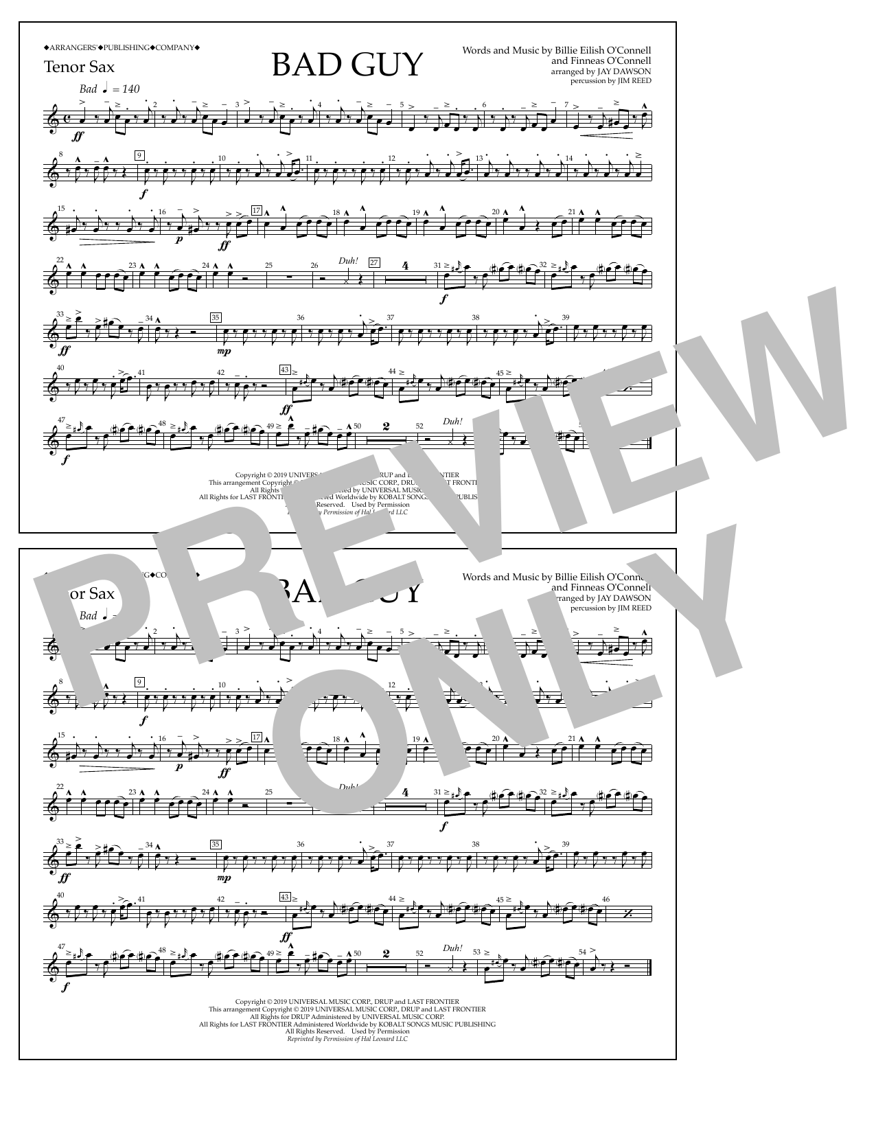 Billie Eilish Bad Guy (arr. Jay Dawson) - Tenor Sax sheet music notes and chords arranged for Marching Band