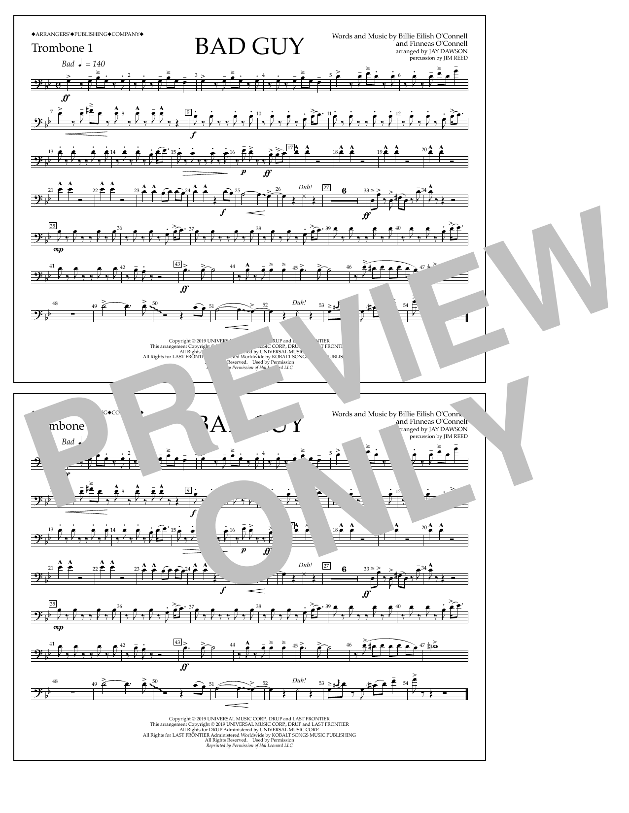 Billie Eilish Bad Guy (arr. Jay Dawson) - Trombone 1 sheet music notes and chords arranged for Marching Band