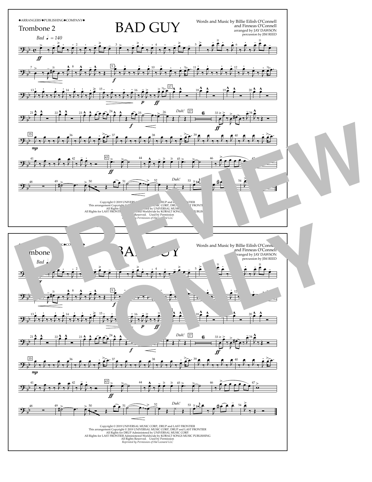 Billie Eilish Bad Guy (arr. Jay Dawson) - Trombone 2 sheet music notes and chords arranged for Marching Band
