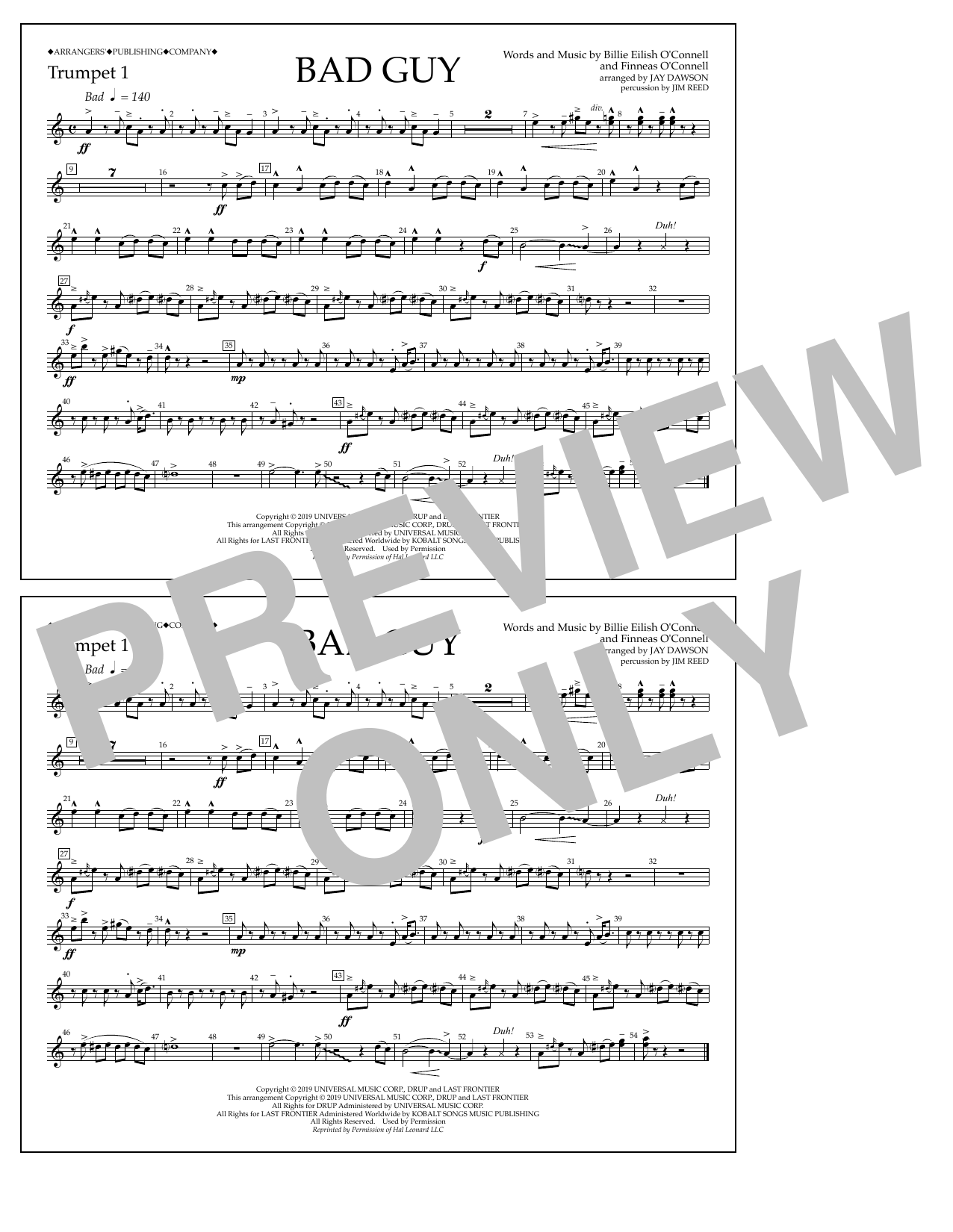 Billie Eilish Bad Guy (arr. Jay Dawson) - Trumpet 1 sheet music notes and chords arranged for Marching Band