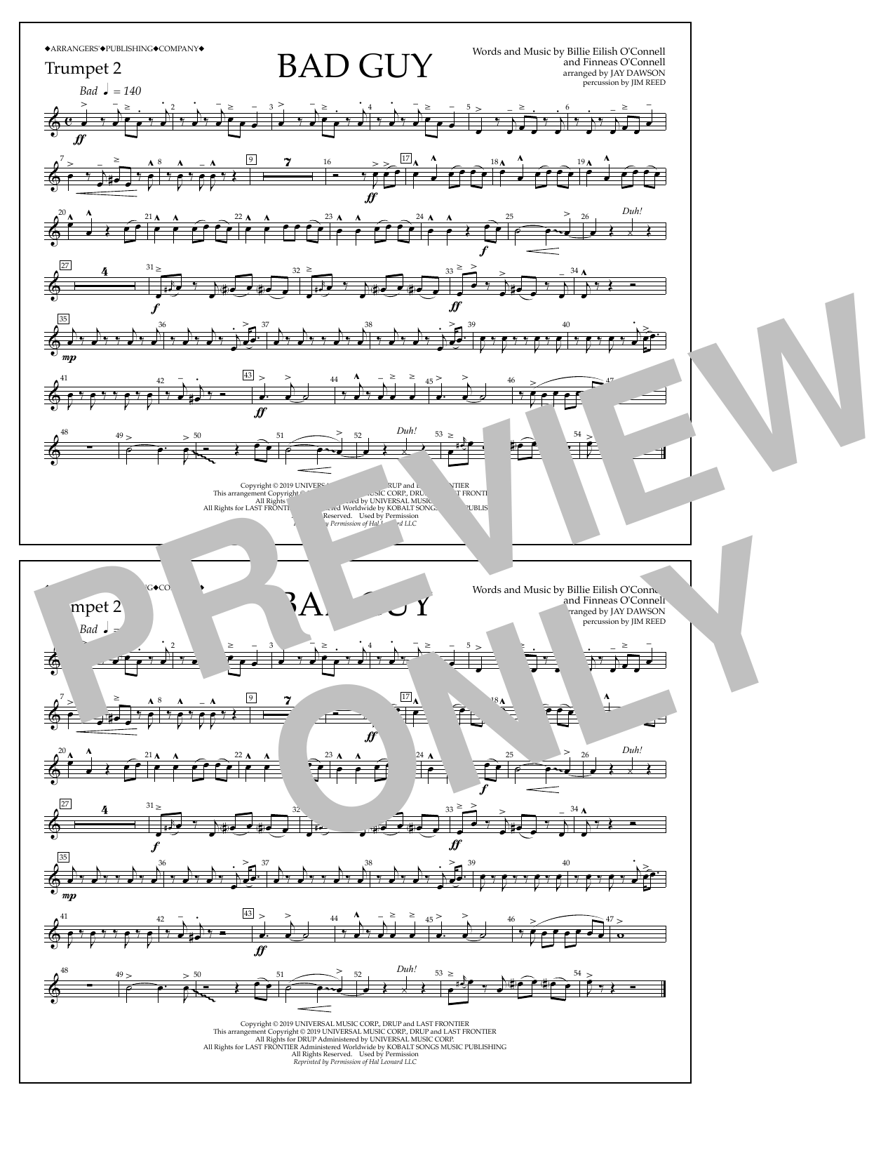 Billie Eilish Bad Guy (arr. Jay Dawson) - Trumpet 2 sheet music notes and chords arranged for Marching Band