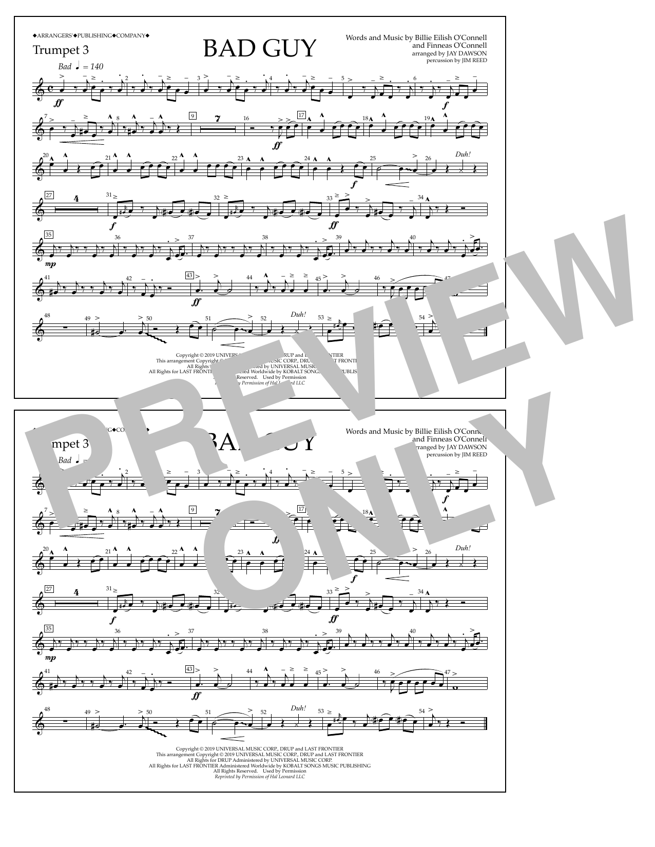 Billie Eilish Bad Guy (arr. Jay Dawson) - Trumpet 3 sheet music notes and chords arranged for Marching Band