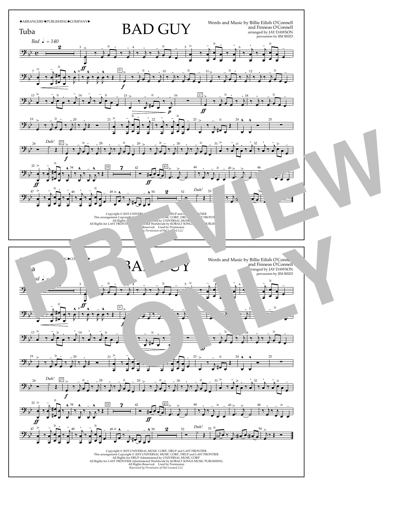 Billie Eilish Bad Guy (arr. Jay Dawson) - Tuba sheet music notes and chords arranged for Marching Band