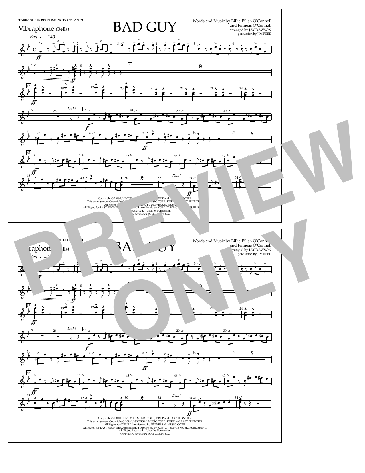 Billie Eilish Bad Guy (arr. Jay Dawson) - Vibraphone sheet music notes and chords arranged for Marching Band
