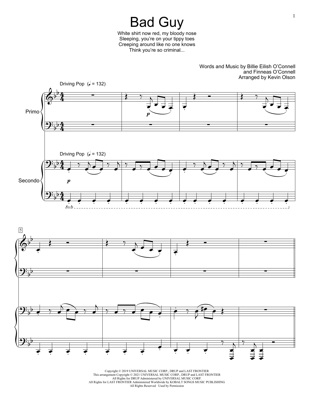 Billie Eilish bad guy (arr. Kevin Olson) sheet music notes and chords arranged for Piano Duet