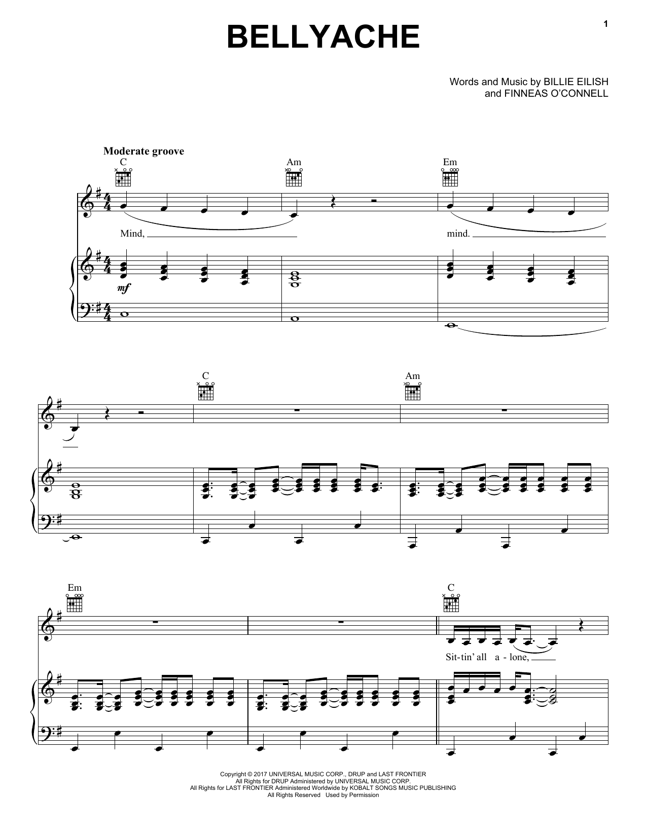 Billie Eilish bellyache sheet music notes and chords arranged for Super Easy Piano