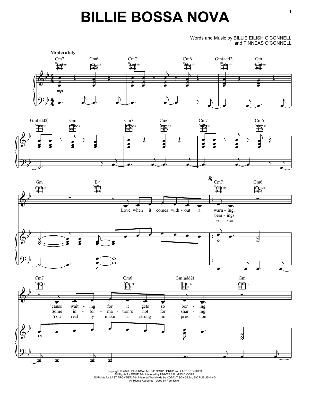 Billie Eilish Billie Bossa Nova sheet music notes and chords arranged for Piano, Vocal & Guitar Chords (Right-Hand Melody)
