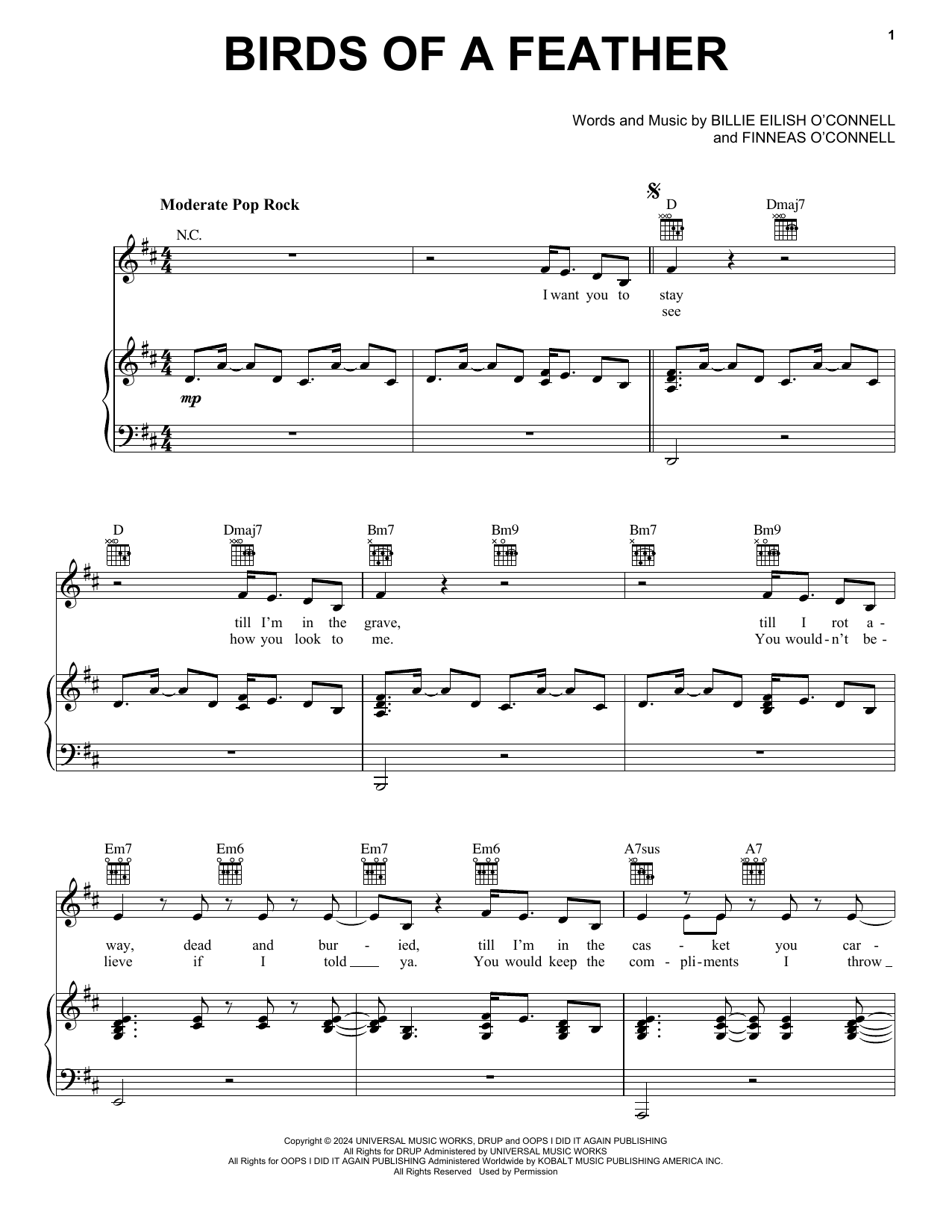 Billie Eilish BIRDS OF A FEATHER sheet music notes and chords arranged for Piano, Vocal & Guitar Chords (Right-Hand Melody)