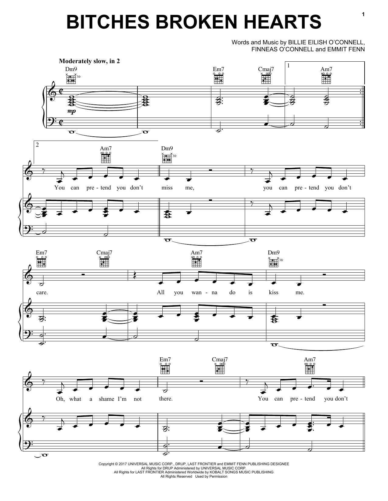 Billie Eilish Bitches Broken Hearts sheet music notes and chords arranged for Piano, Vocal & Guitar Chords (Right-Hand Melody)