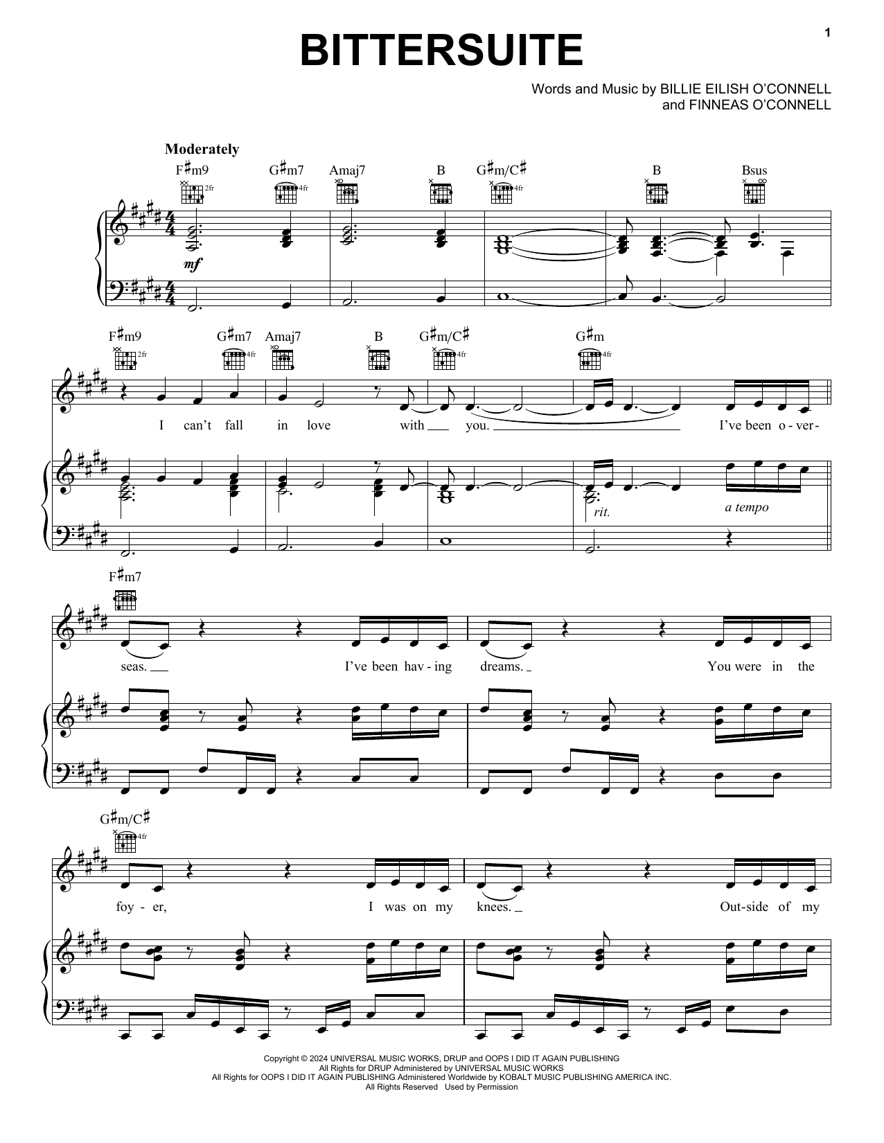 Billie Eilish BITTERSUITE sheet music notes and chords arranged for Piano, Vocal & Guitar Chords (Right-Hand Melody)