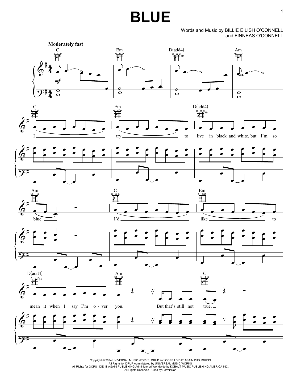 Billie Eilish BLUE sheet music notes and chords arranged for Easy Piano