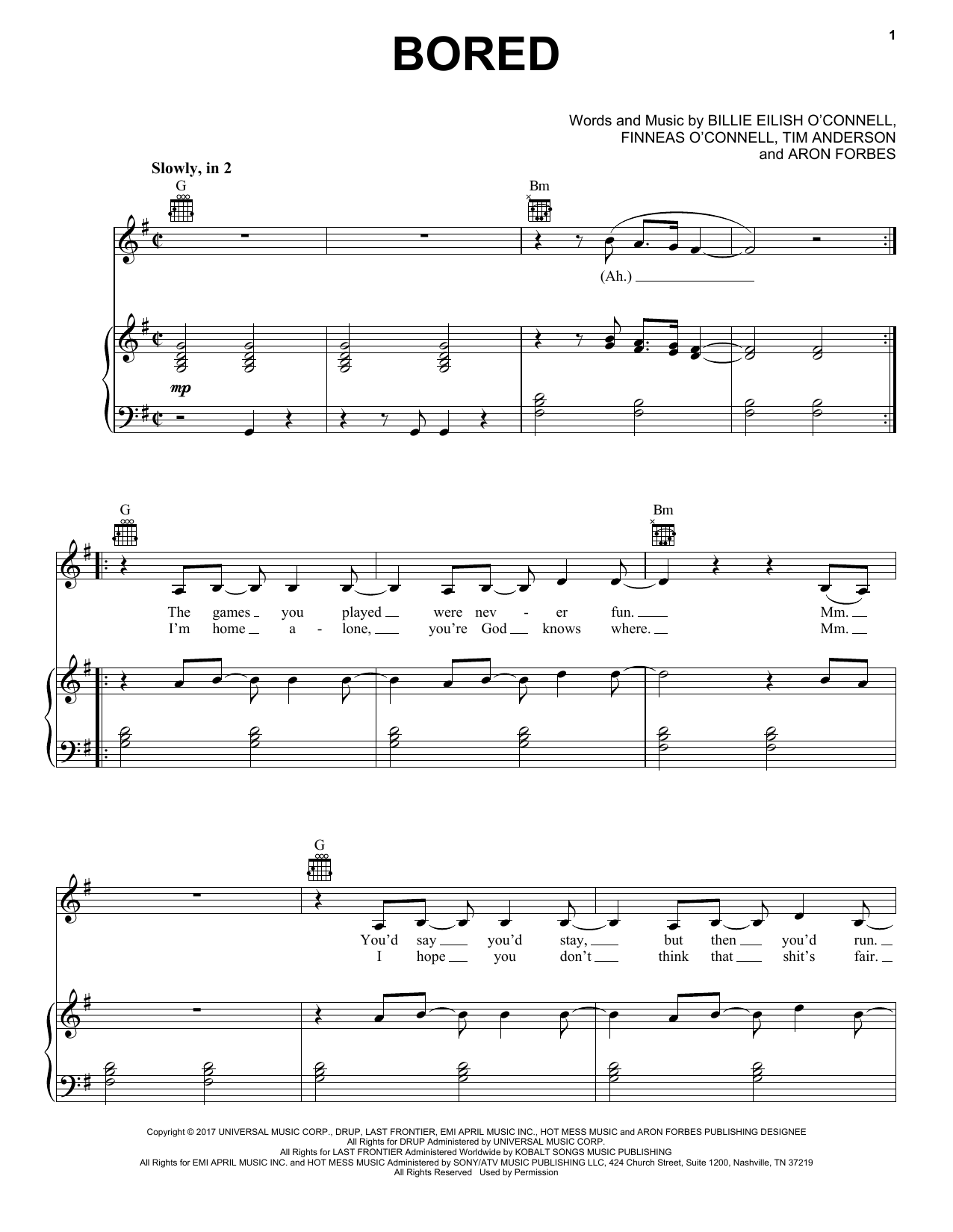 Billie Eilish Bored (from 13 Reasons Why) sheet music notes and chords arranged for Piano, Vocal & Guitar Chords (Right-Hand Melody)