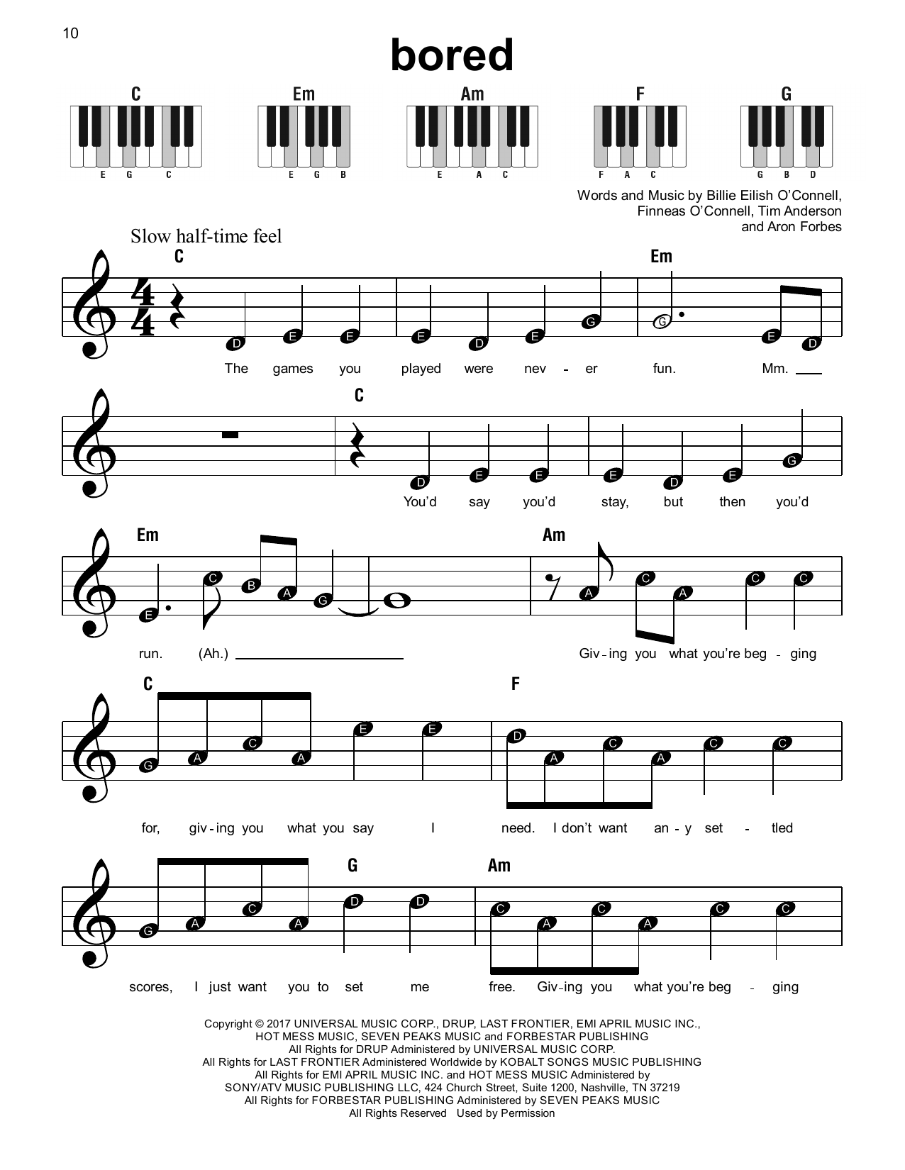 Billie Eilish Bored sheet music notes and chords arranged for Super Easy Piano