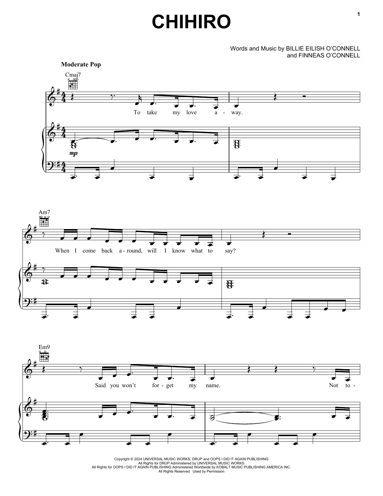 Billie Eilish CHIHIRO sheet music notes and chords arranged for Easy Piano