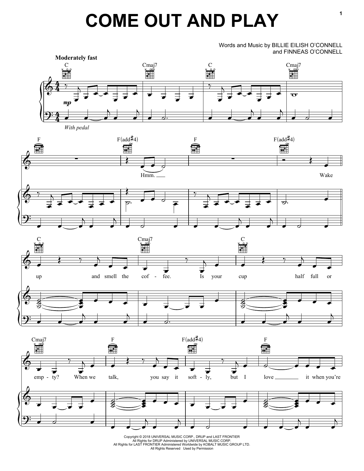 Billie Eilish come out and play sheet music notes and chords arranged for Super Easy Piano