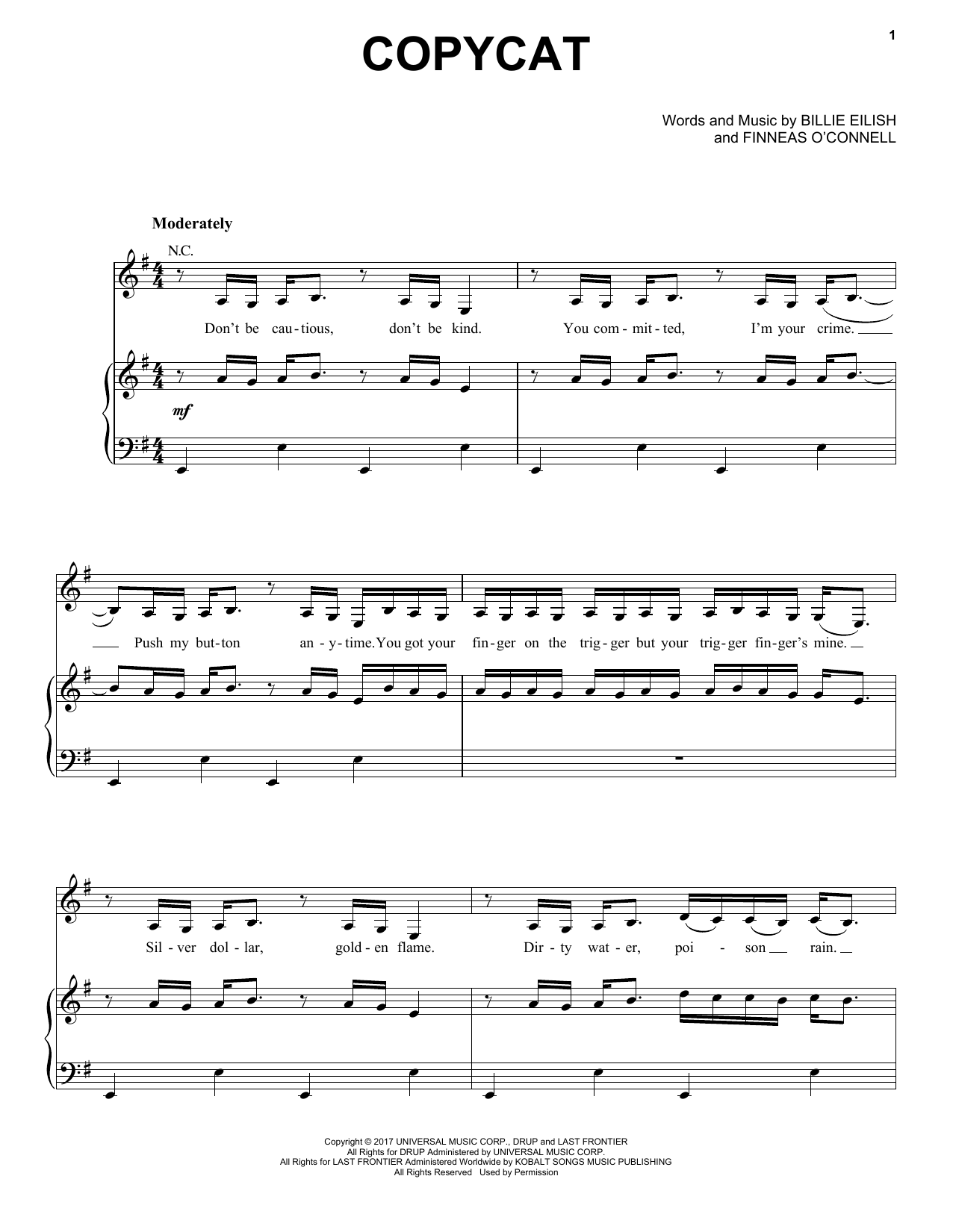 Billie Eilish COPYCAT sheet music notes and chords arranged for Piano, Vocal & Guitar Chords (Right-Hand Melody)