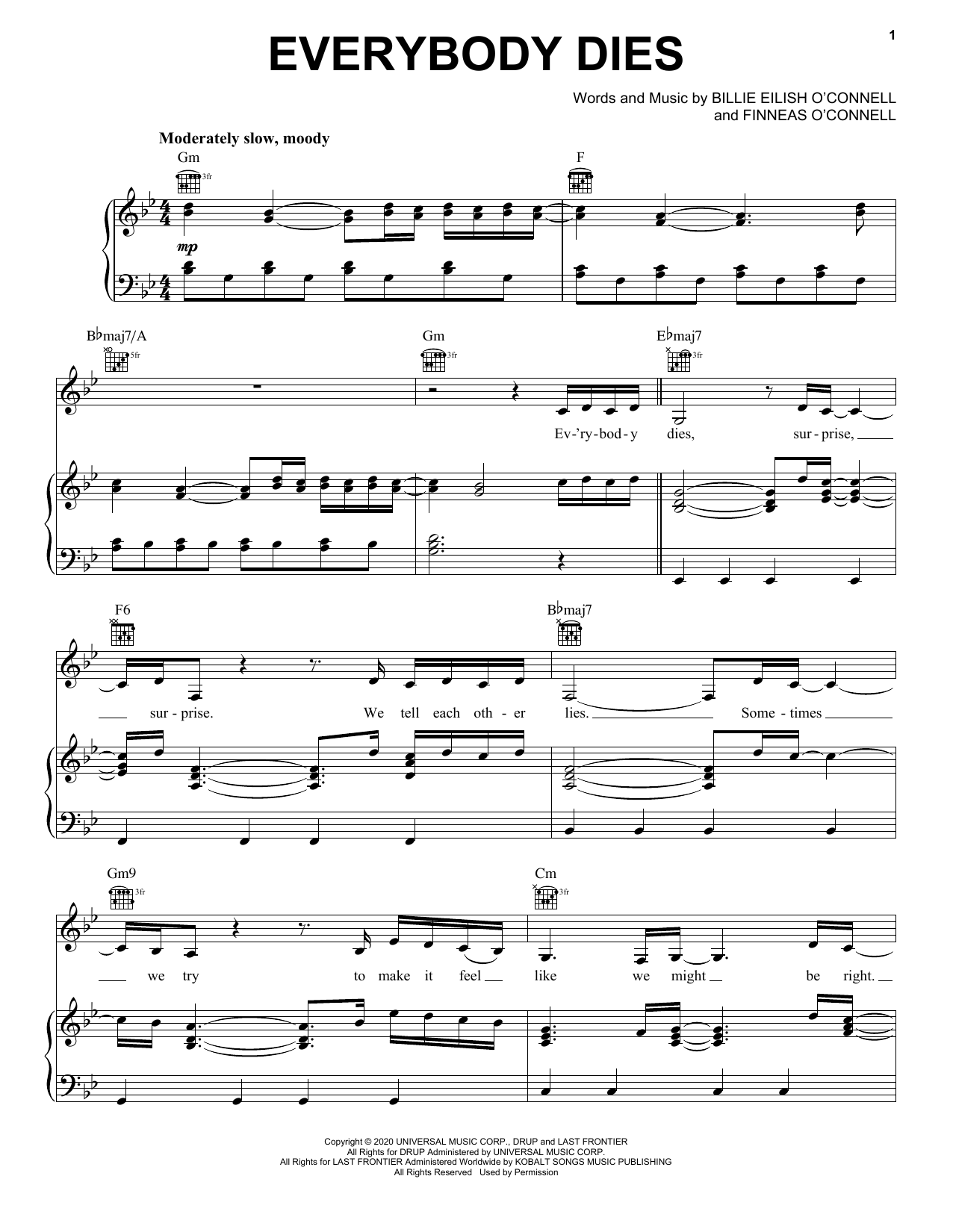 Billie Eilish Everybody Dies sheet music notes and chords arranged for Piano, Vocal & Guitar Chords (Right-Hand Melody)