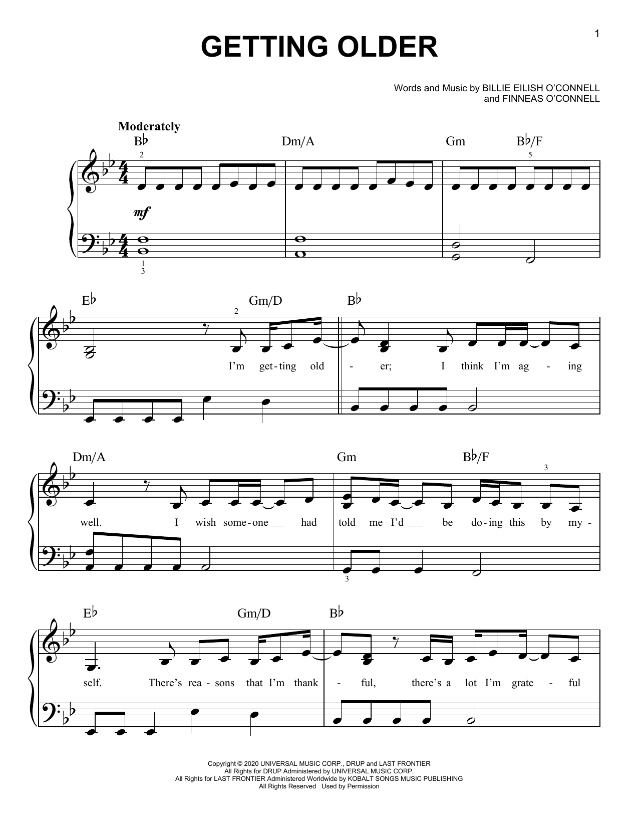 Billie Eilish Getting Older sheet music notes and chords arranged for Piano, Vocal & Guitar Chords (Right-Hand Melody)