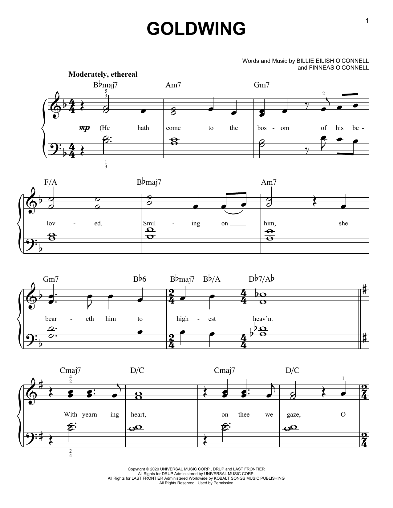 Billie Eilish GOLDWING sheet music notes and chords arranged for Easy Piano