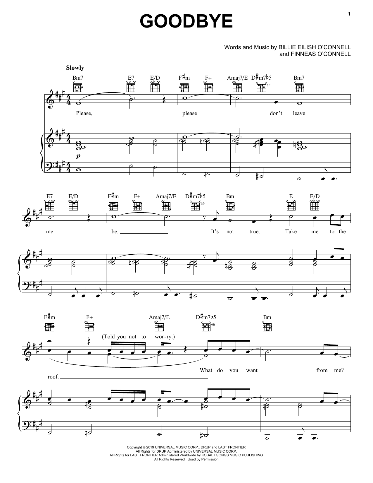 Billie Eilish goodbye sheet music notes and chords arranged for Piano, Vocal & Guitar Chords (Right-Hand Melody)