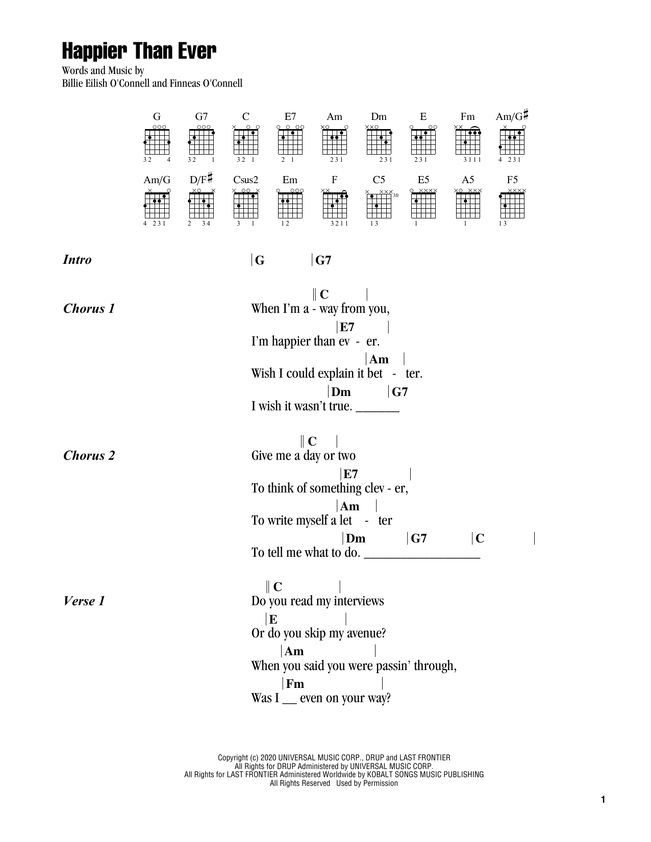 Billie Eilish Happier Than Ever sheet music notes and chords arranged for Piano, Vocal & Guitar Chords (Right-Hand Melody)
