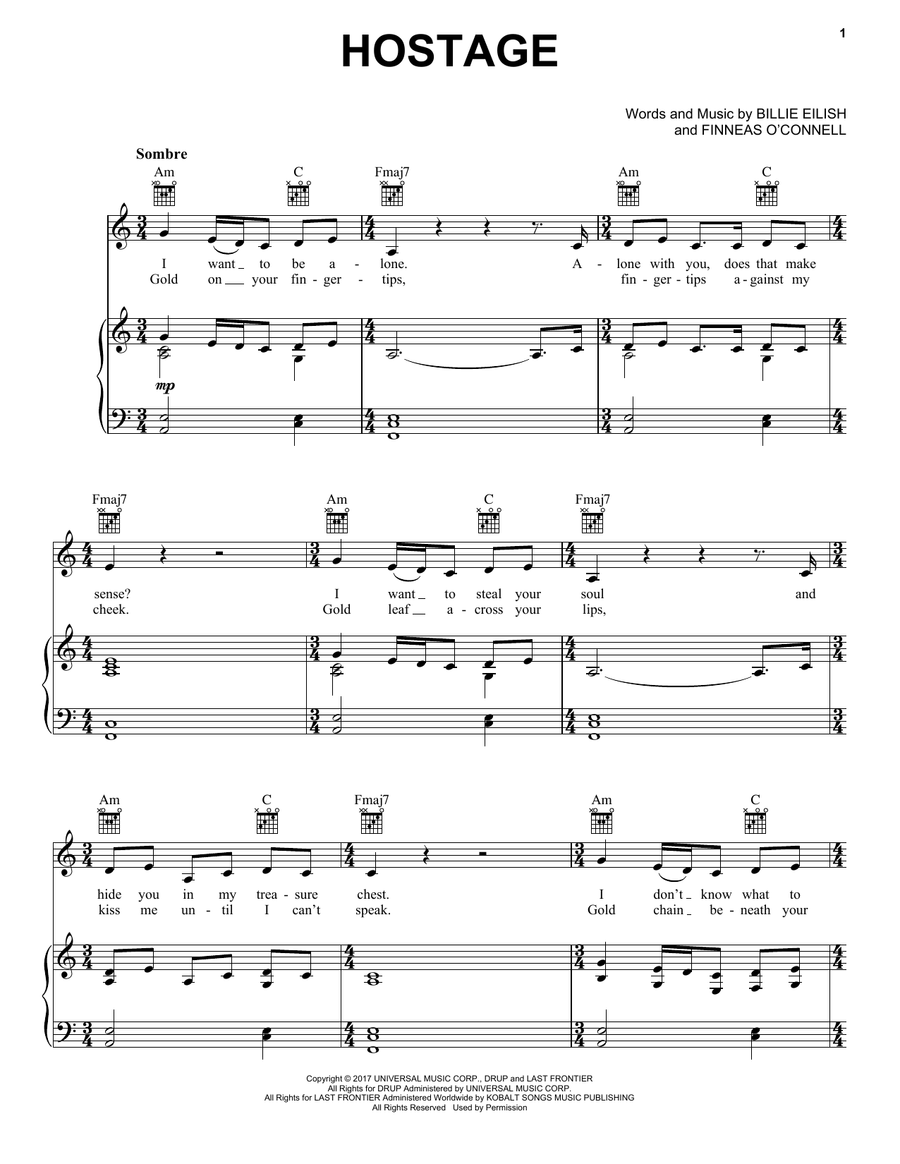 Billie Eilish hostage sheet music notes and chords arranged for Piano, Vocal & Guitar Chords (Right-Hand Melody)