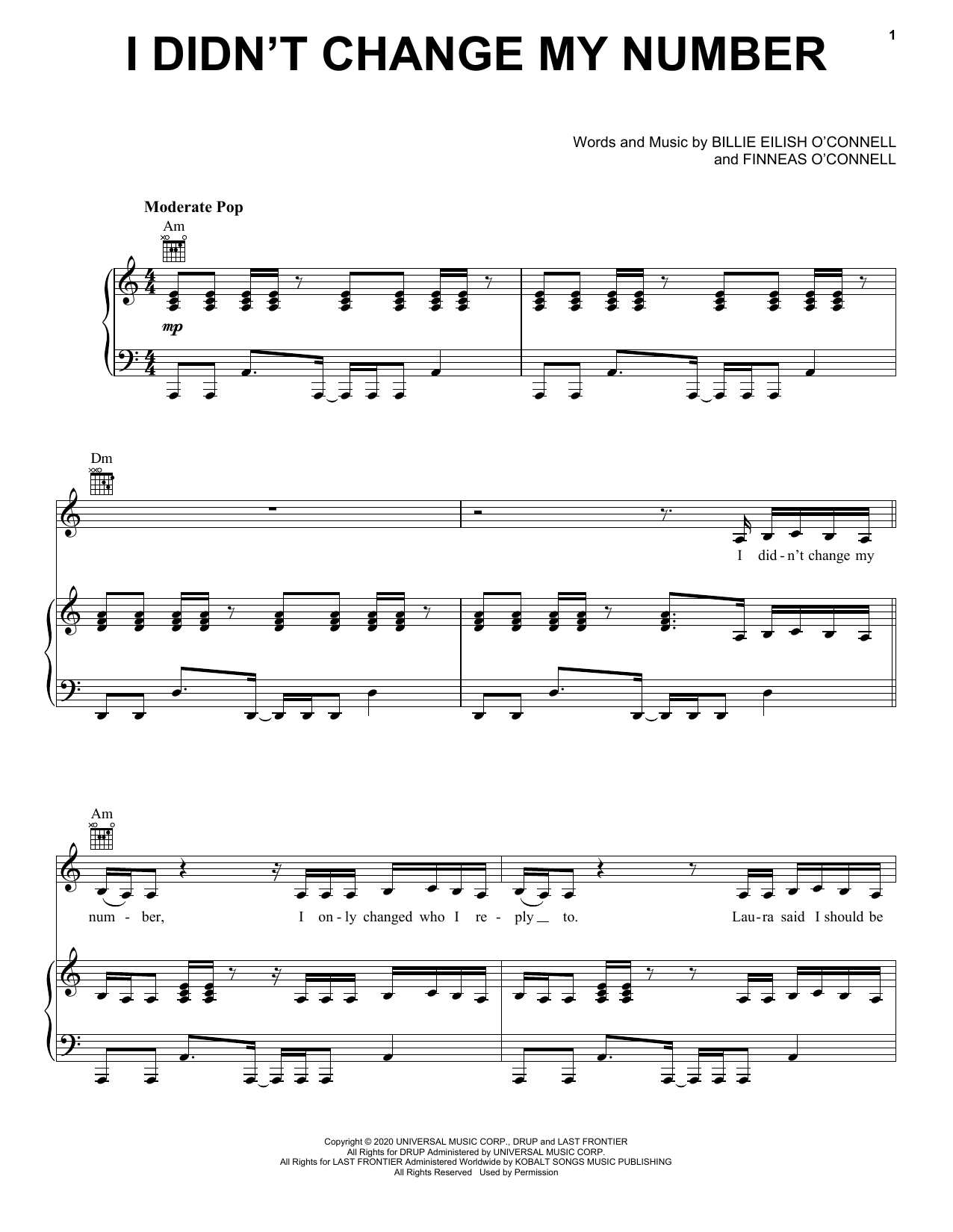 Billie Eilish I Didn't Change My Number sheet music notes and chords arranged for Piano, Vocal & Guitar Chords (Right-Hand Melody)