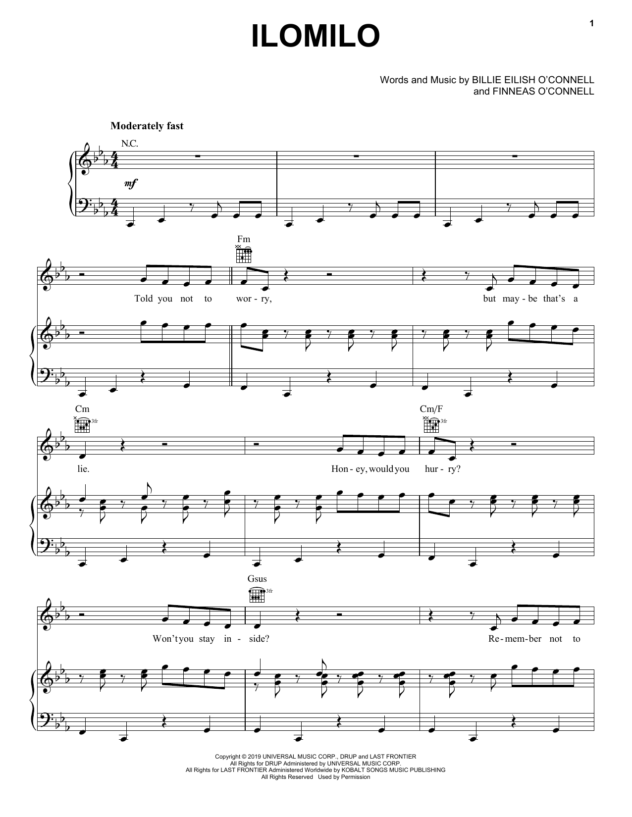 Billie Eilish ilomilo sheet music notes and chords arranged for Super Easy Piano