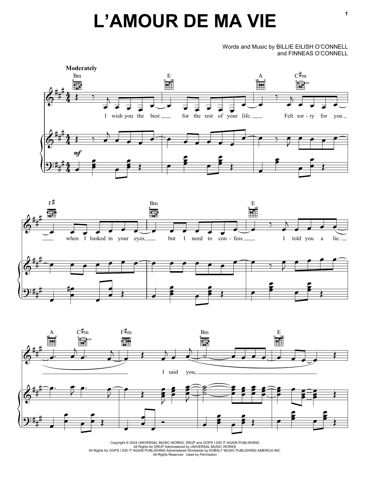 Billie Eilish L'AMOUR DE MA VIE sheet music notes and chords arranged for Piano, Vocal & Guitar Chords (Right-Hand Melody)