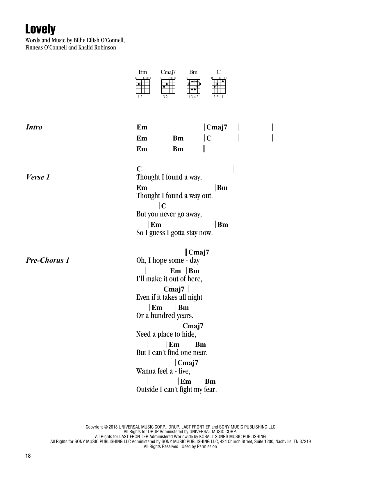 Billie Eilish lovely (feat. Khalid) (from 13 Reasons Why) sheet music notes and chords arranged for Guitar Chords/Lyrics