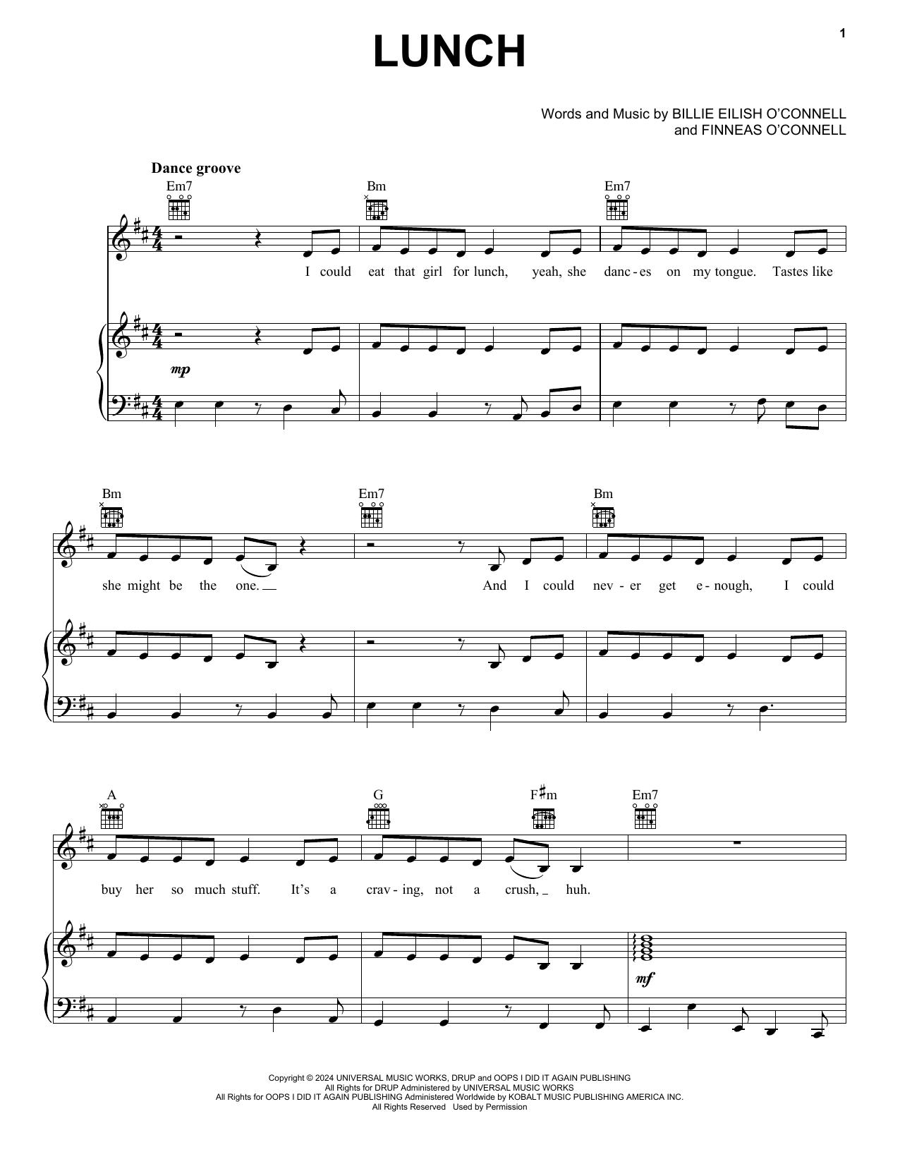 Billie Eilish LUNCH sheet music notes and chords arranged for Piano, Vocal & Guitar Chords (Right-Hand Melody)