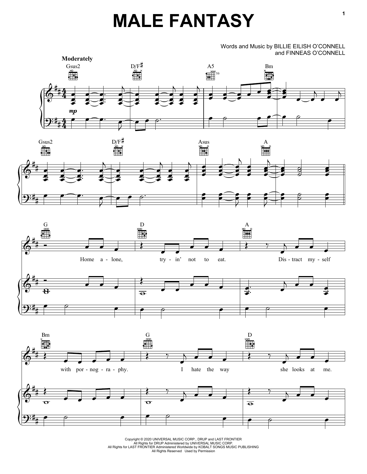 Billie Eilish Male Fantasy sheet music notes and chords arranged for Piano, Vocal & Guitar Chords (Right-Hand Melody)