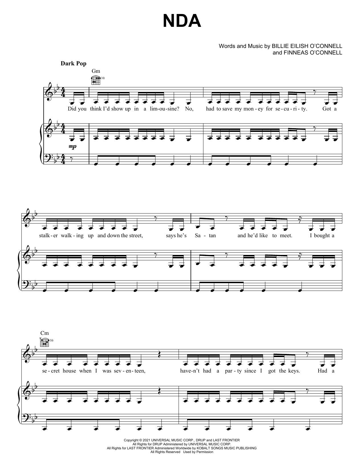 Billie Eilish NDA sheet music notes and chords arranged for Piano, Vocal & Guitar Chords (Right-Hand Melody)
