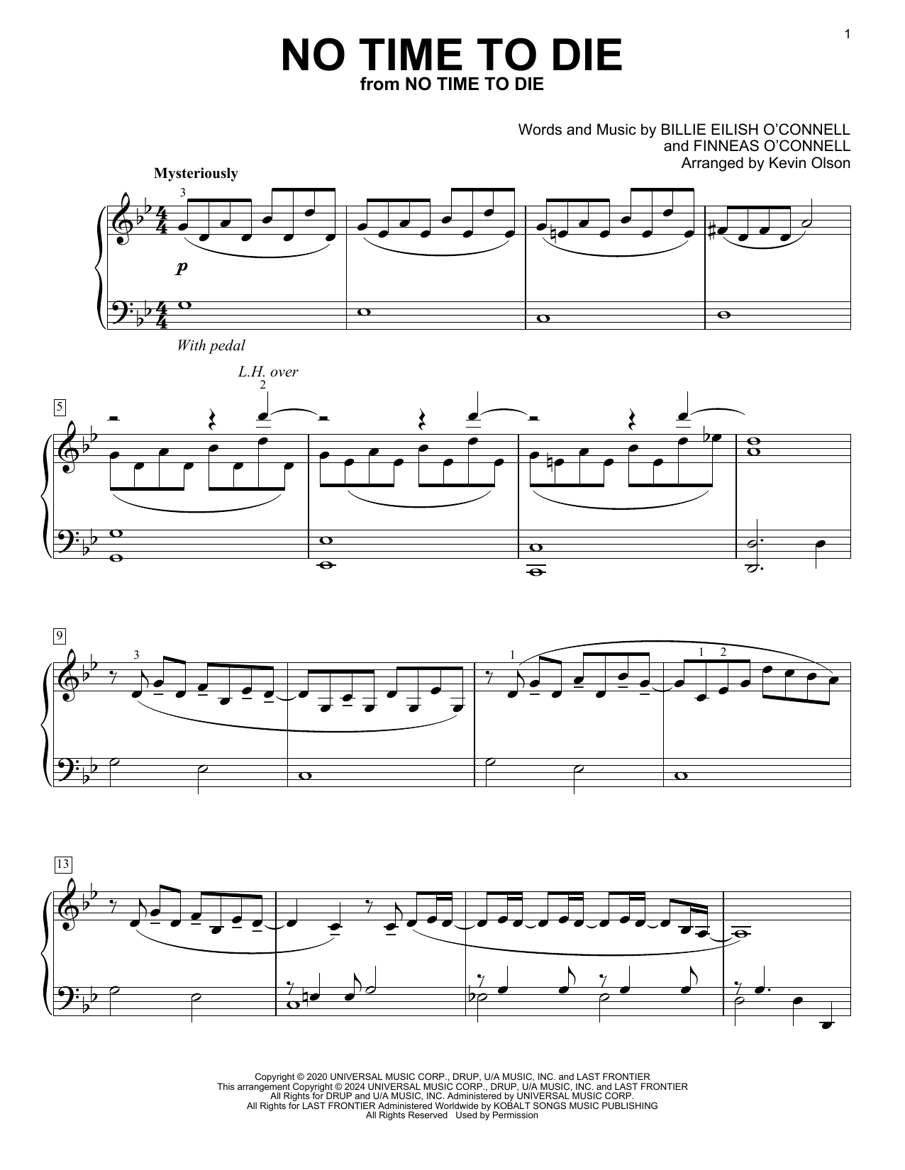 Billie Eilish No Time To Die (arr. Kevin Olson) sheet music notes and chords arranged for Easy Piano Solo