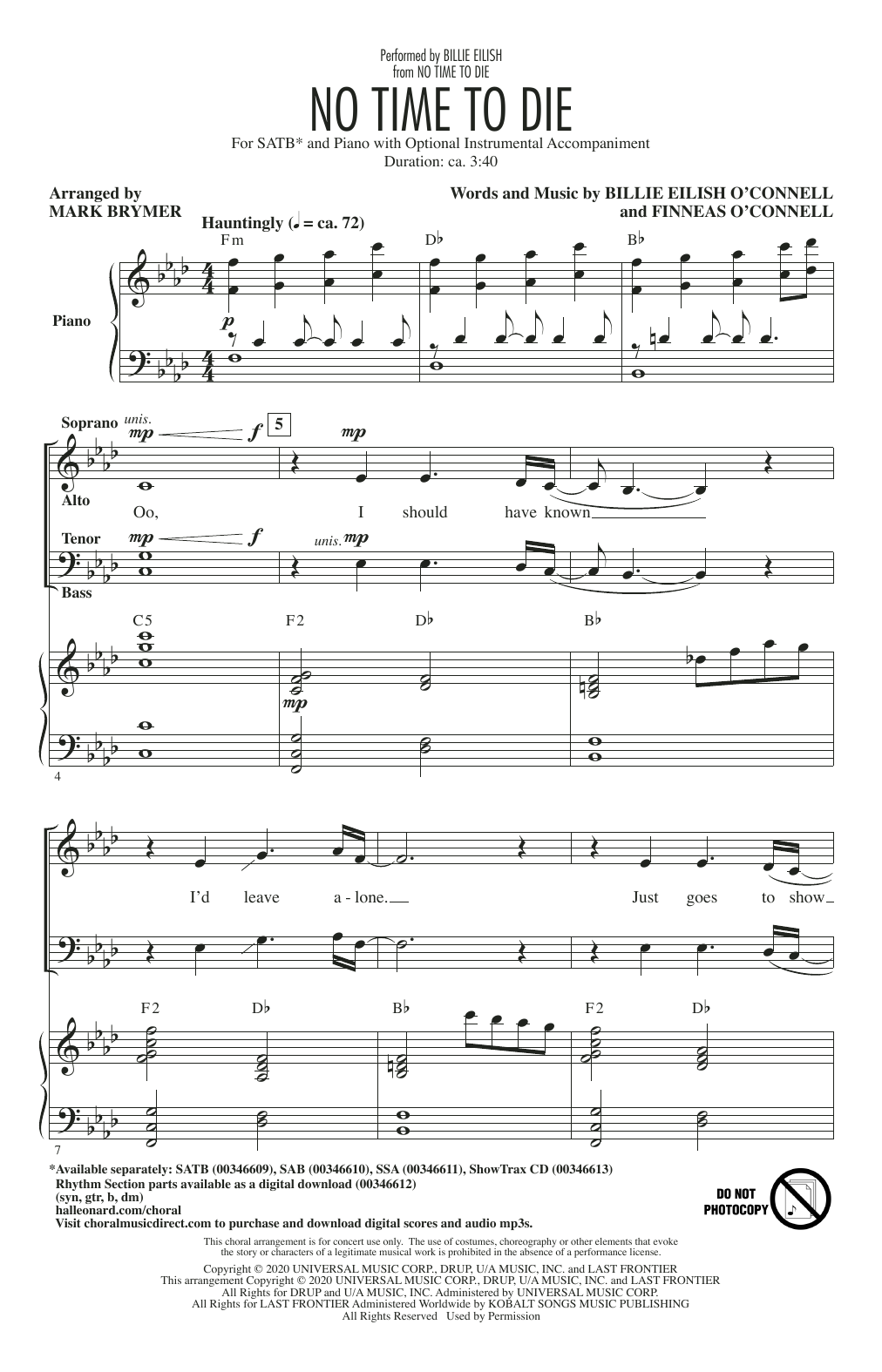 Billie Eilish No Time To Die (arr. Mark Brymer) sheet music notes and chords arranged for SSA Choir