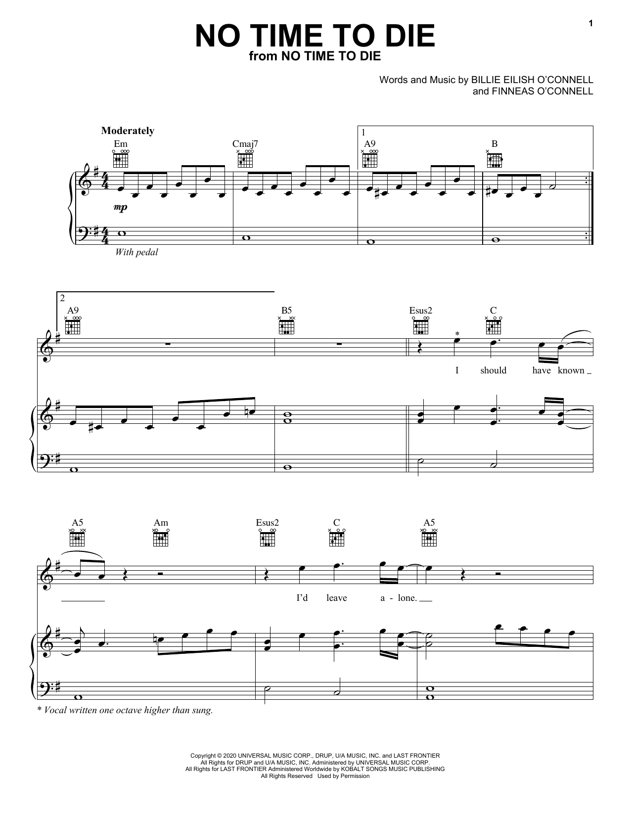 Billie Eilish No Time To Die sheet music notes and chords arranged for Easy Piano