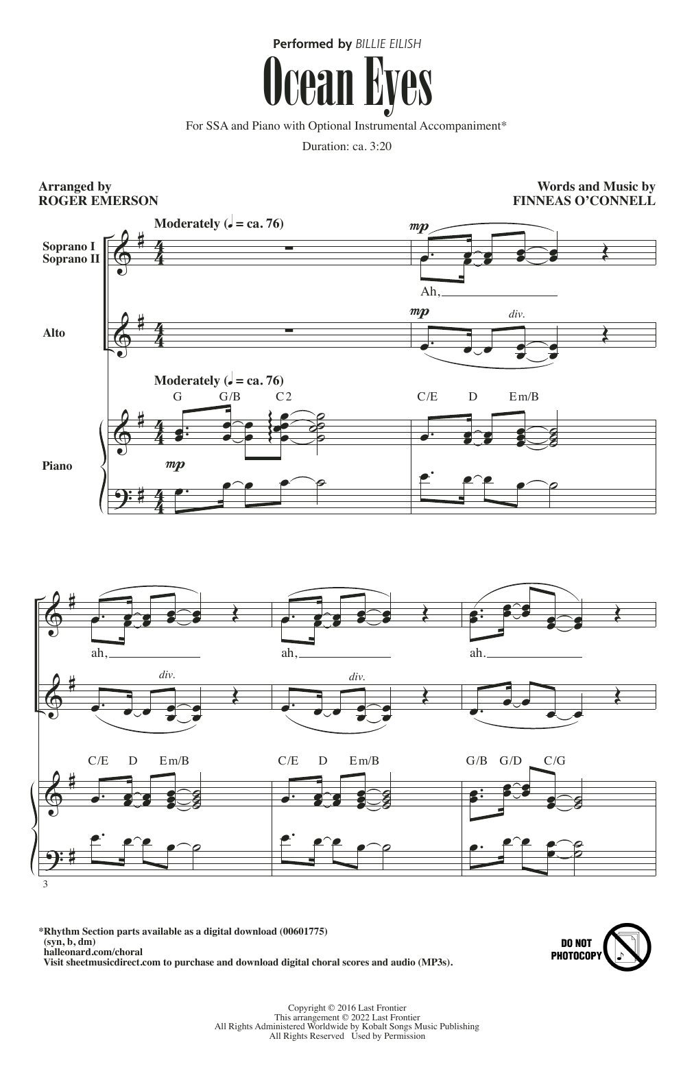 Billie Eilish ocean eyes (arr. Roger Emerson) sheet music notes and chords arranged for SSA Choir