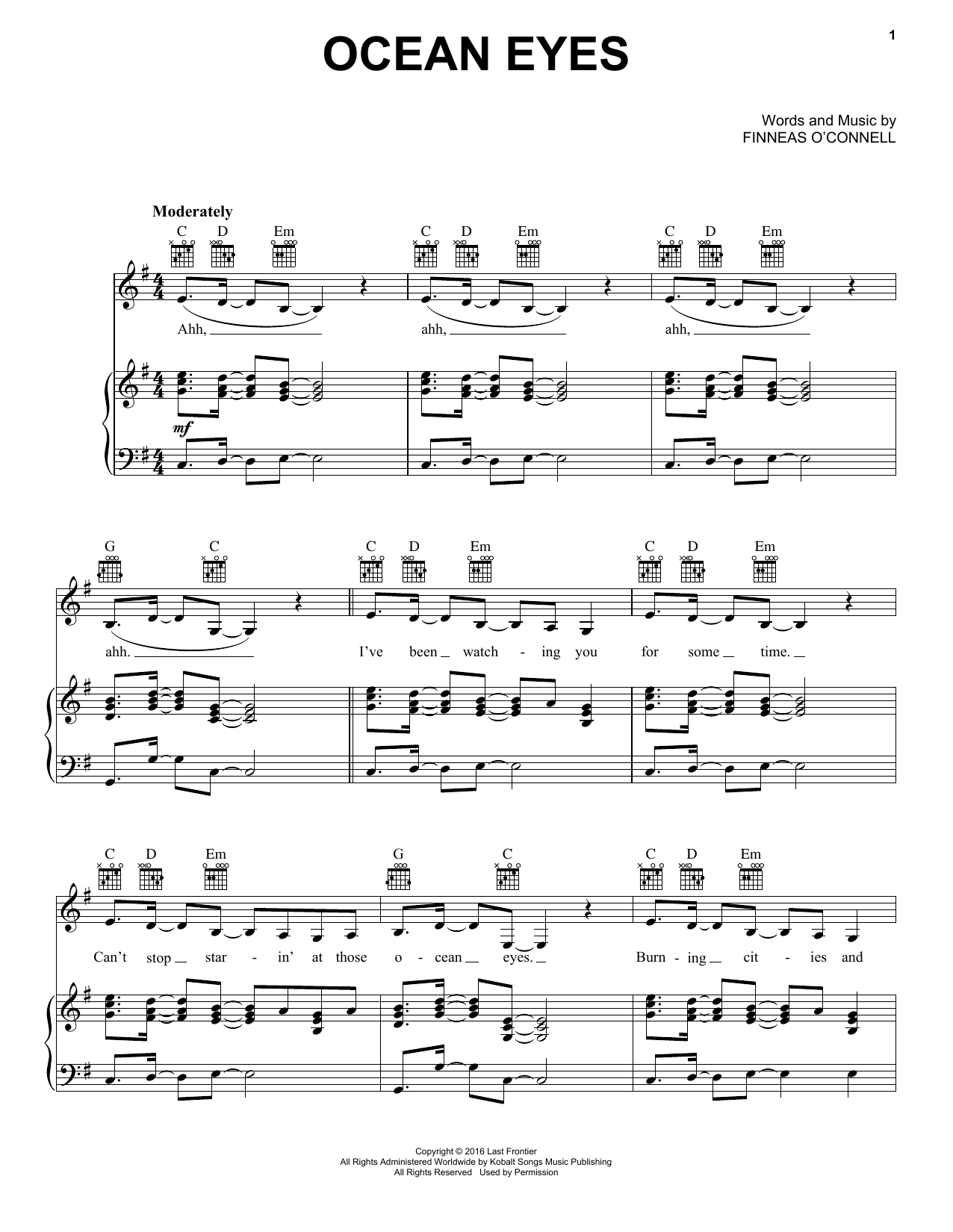 Billie Eilish ocean eyes sheet music notes and chords arranged for Cello Solo