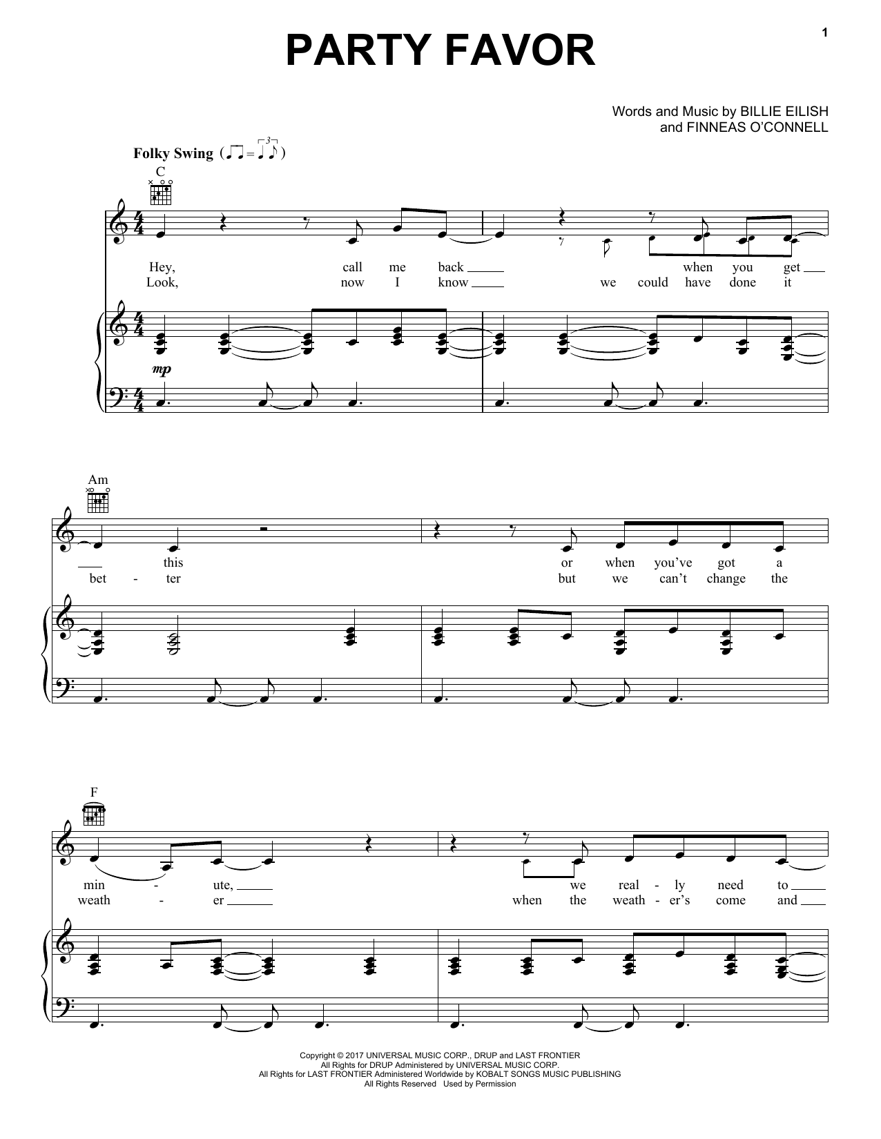 Billie Eilish party favor sheet music notes and chords arranged for Piano, Vocal & Guitar Chords (Right-Hand Melody)