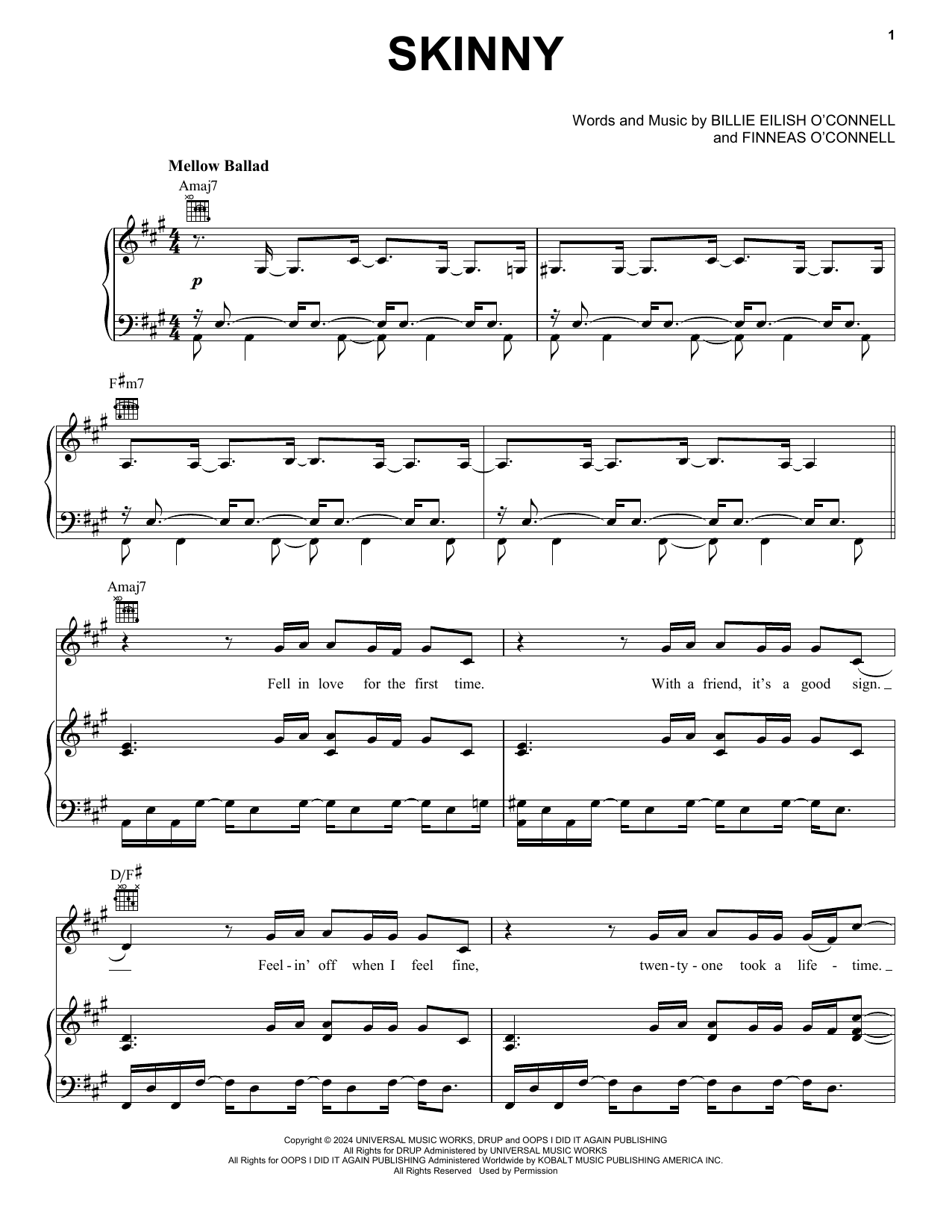 Billie Eilish SKINNY sheet music notes and chords arranged for Piano, Vocal & Guitar Chords (Right-Hand Melody)