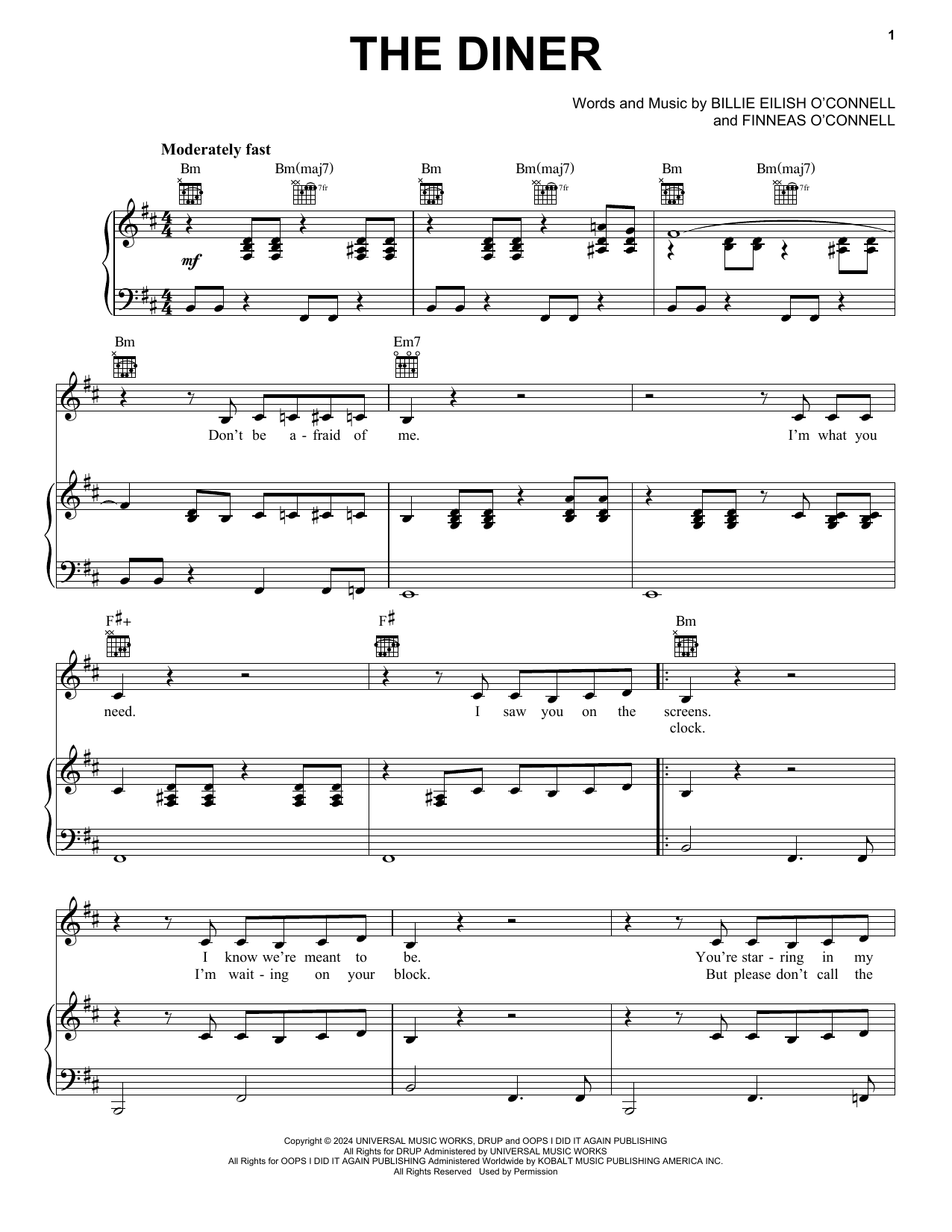 Billie Eilish THE DINER sheet music notes and chords arranged for Piano, Vocal & Guitar Chords (Right-Hand Melody)