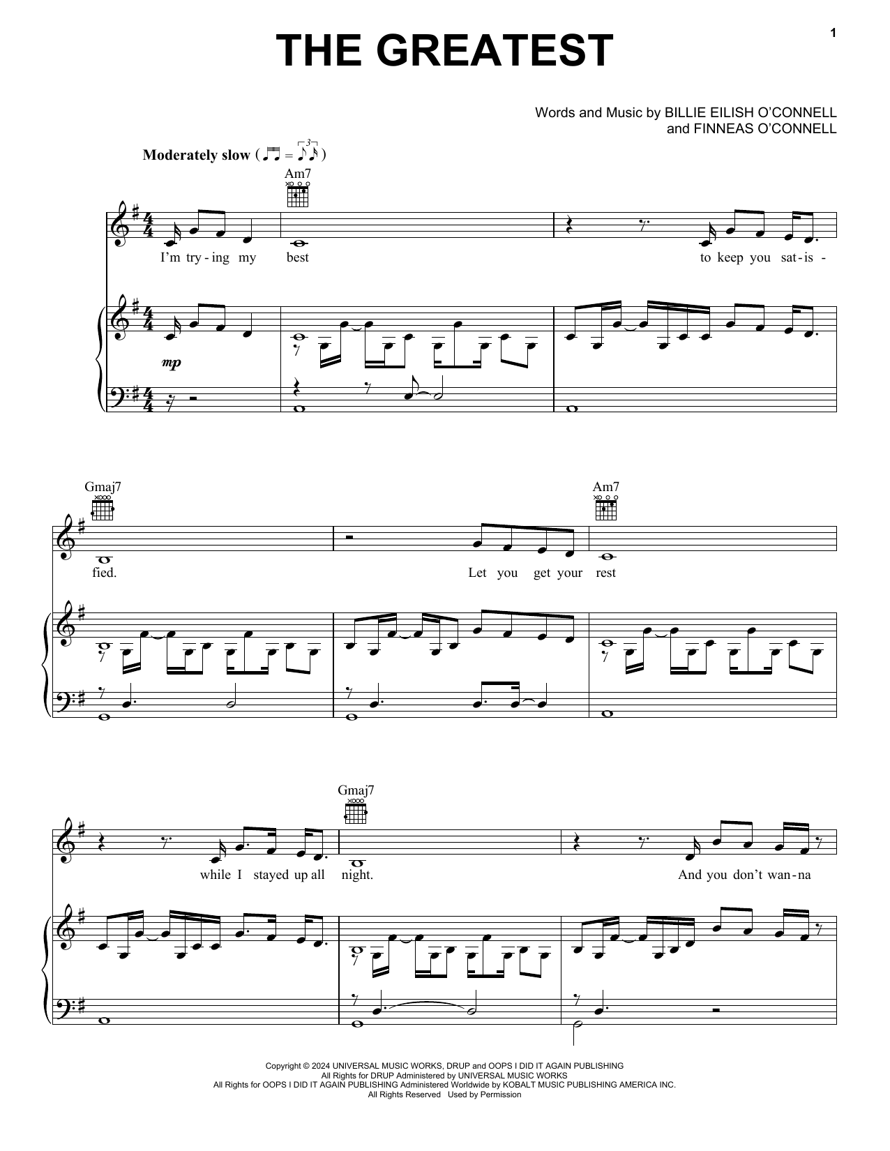 Billie Eilish THE GREATEST sheet music notes and chords arranged for Piano, Vocal & Guitar Chords (Right-Hand Melody)