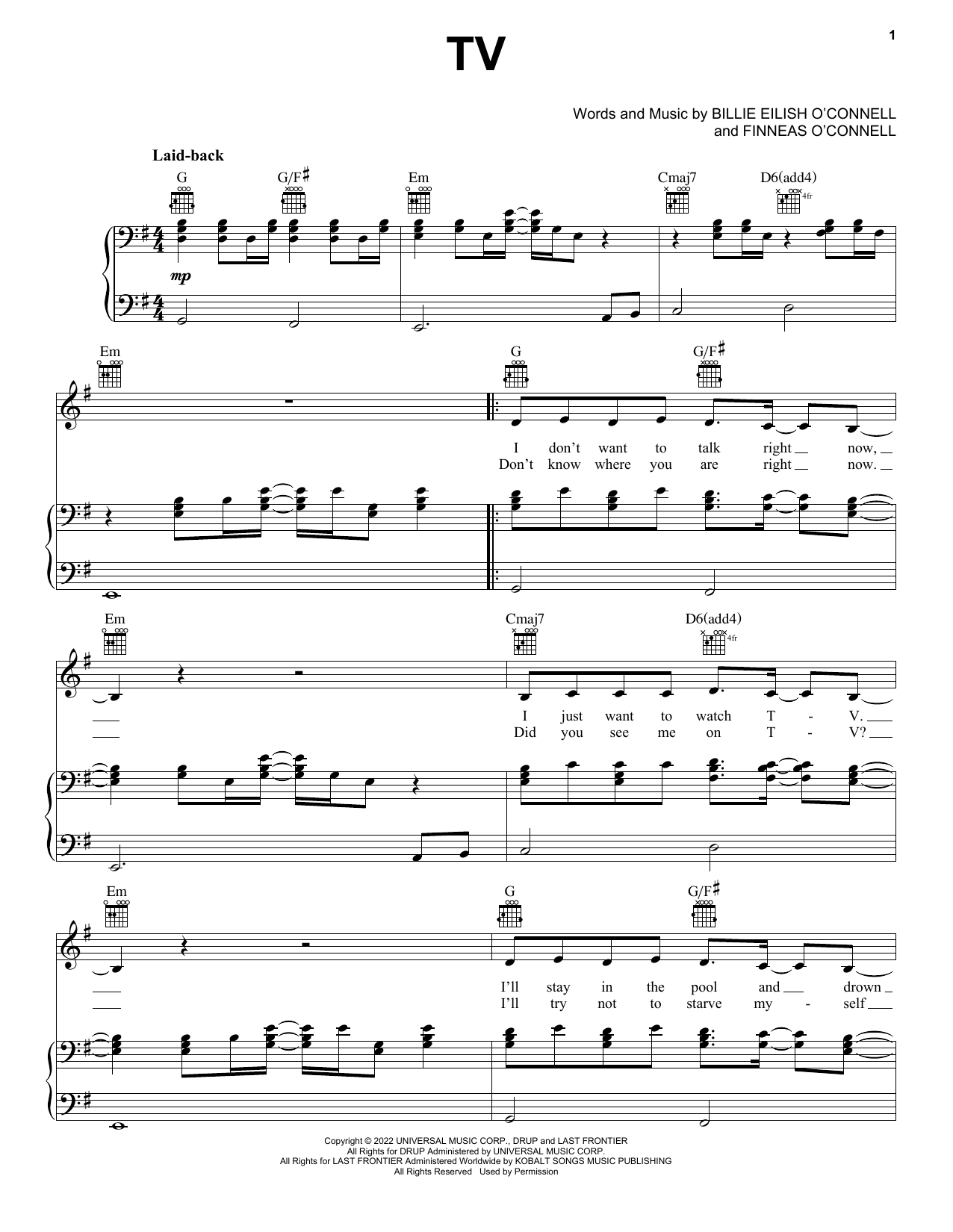 Billie Eilish TV sheet music notes and chords arranged for Easy Guitar Tab