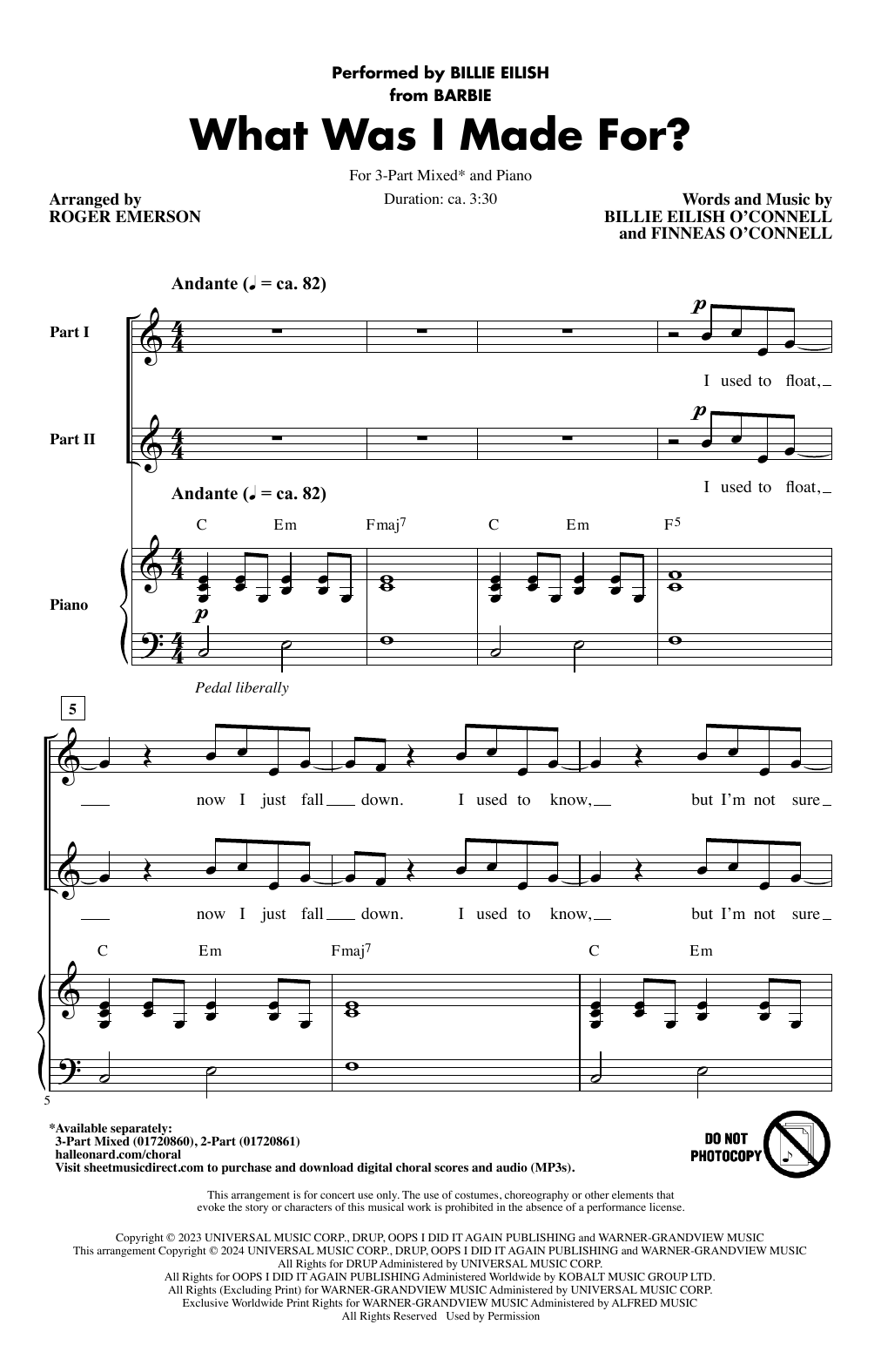 Billie Eilish What Was I Made For? (arr. Roger Emerson) sheet music notes and chords arranged for 3-Part Mixed Choir